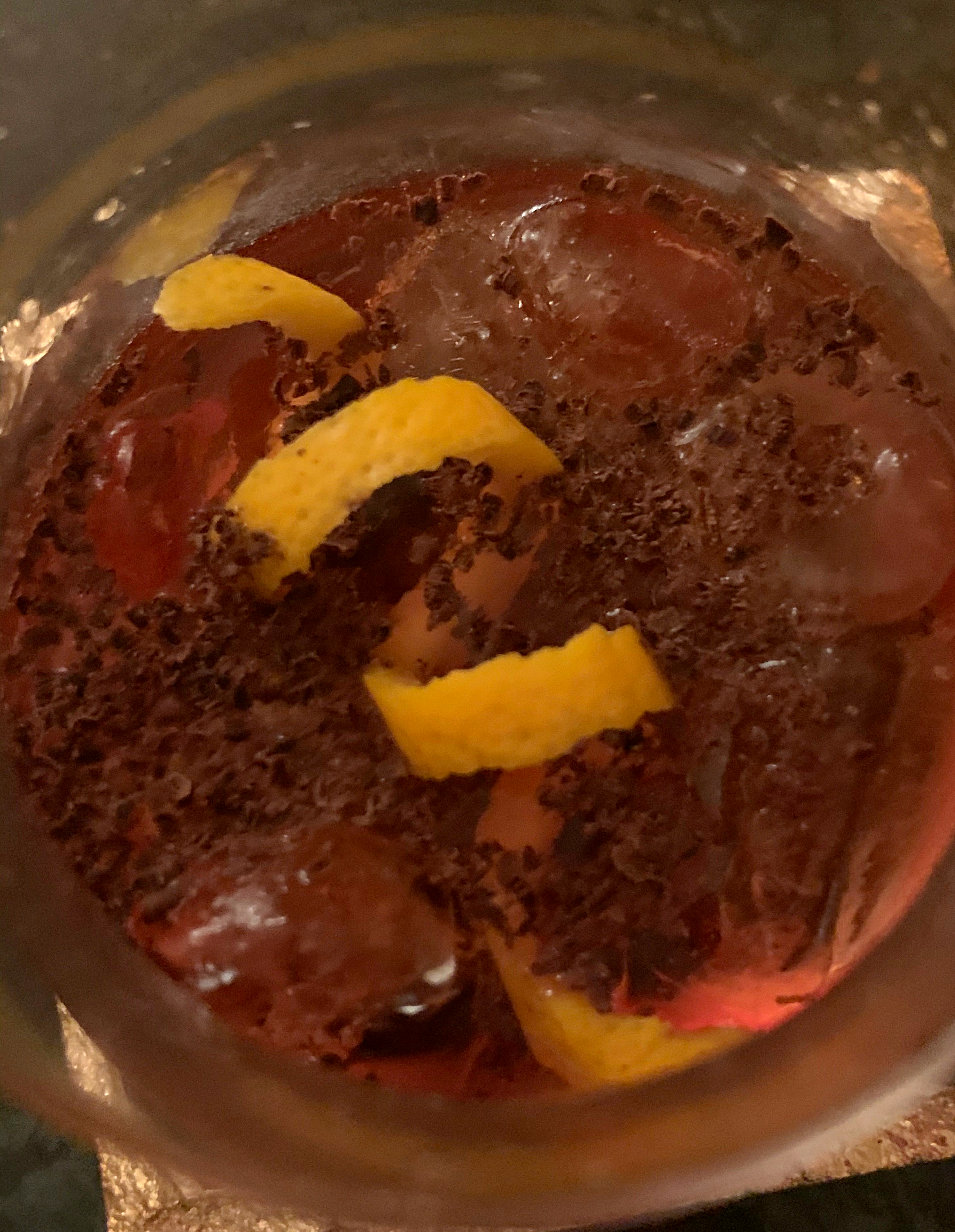Bonfire Negroni Orange Peel Dark Chocolate Garnish