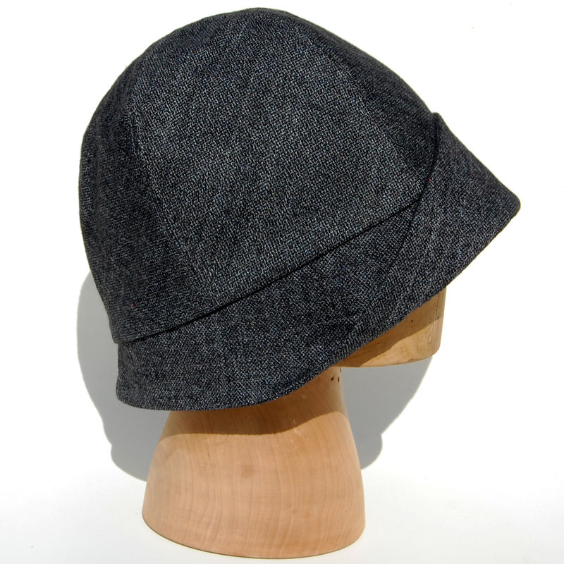 Grey womens cloche hat in vintage French cotton workwear rustic