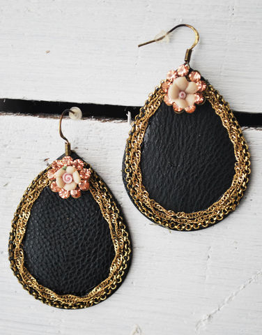 Leather,&,Lace,Earrings,black, leather, drop earrings, chain