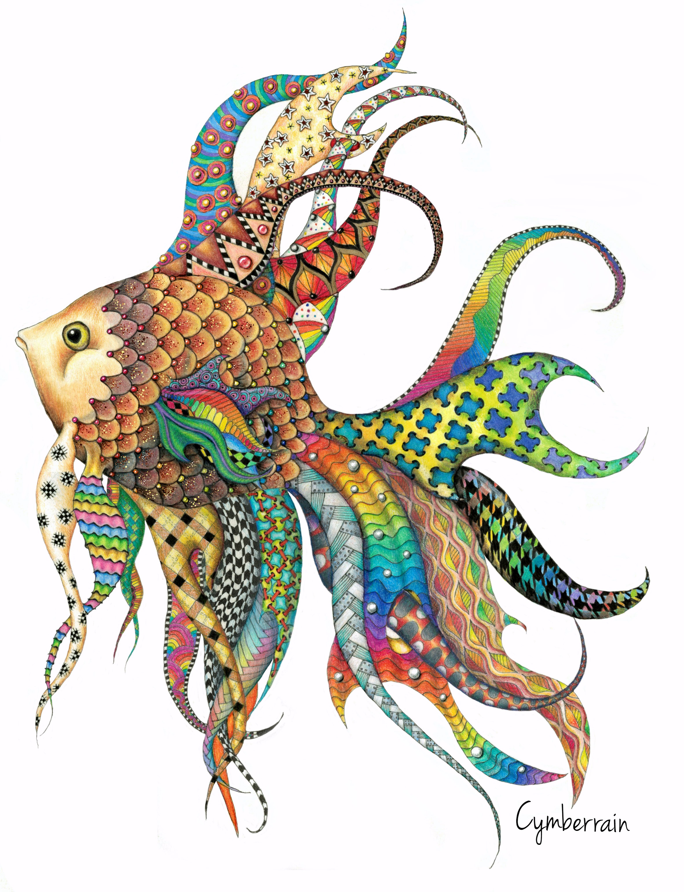 pen & Ink and colored poencil colorful fish art rpint design