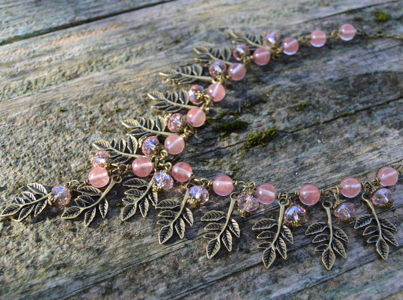 Pink Rose quartz necklace, elf jewelry, bronze leaf necklace, Autumn