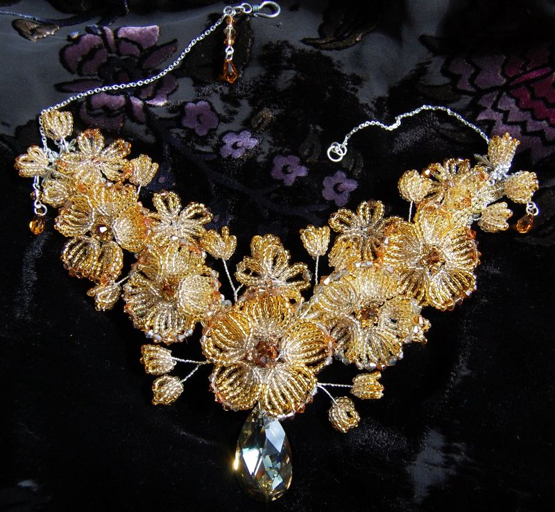 Gold French beaded flower Necklace Fairy Queen D'Orphilia