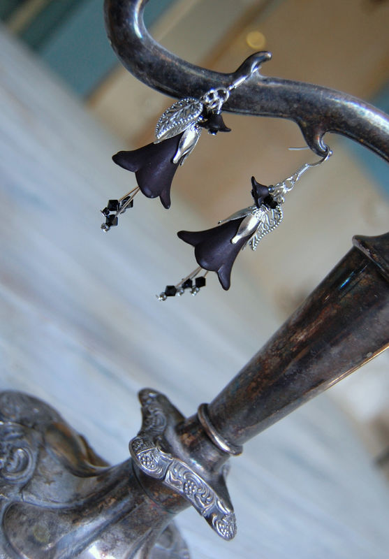 Gothic black flower earrings Victorian fairy jewelry dark mori kei