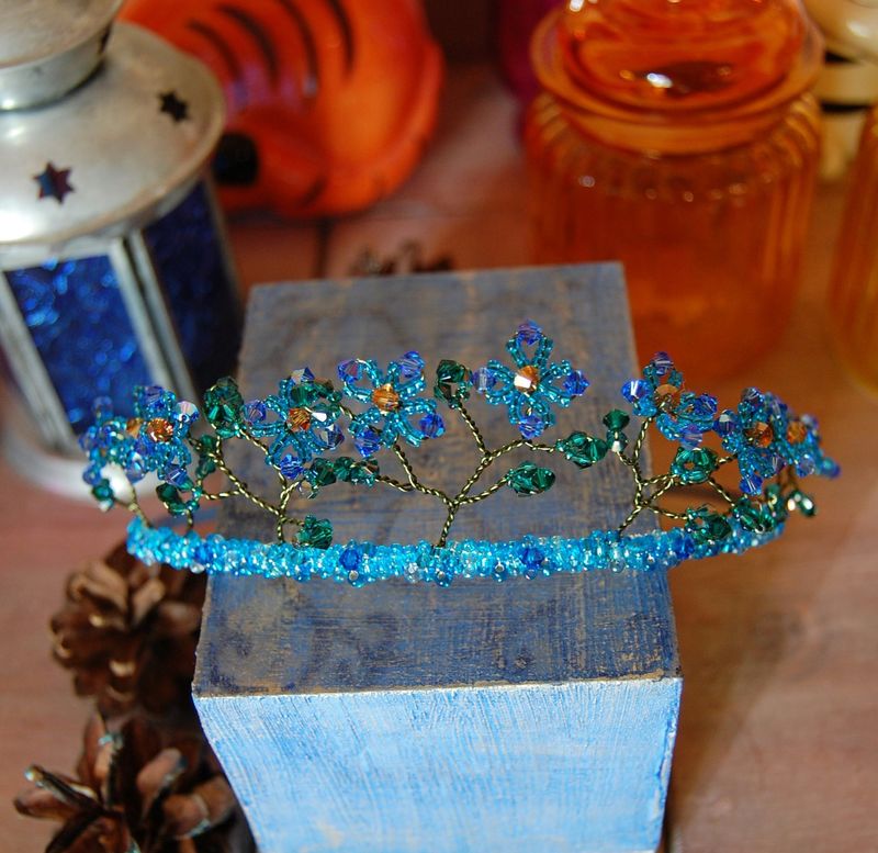 Blue fairy tiara French beaded flower crown fairytale