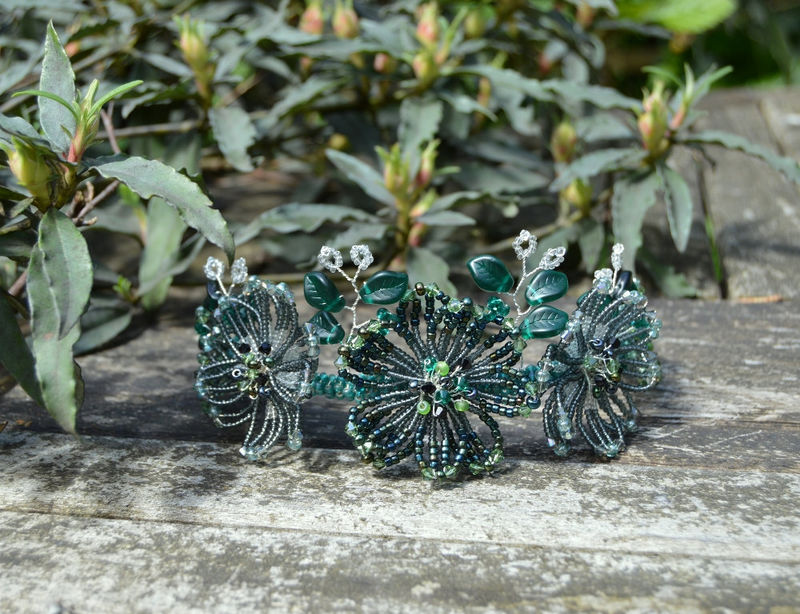 Elf Queen forest necklace in French beaded flowers green fairy