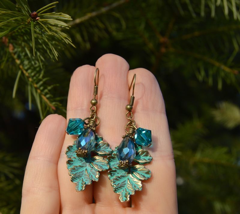 Elven earrings with leaves and Swarovski crystals woodland jewelry