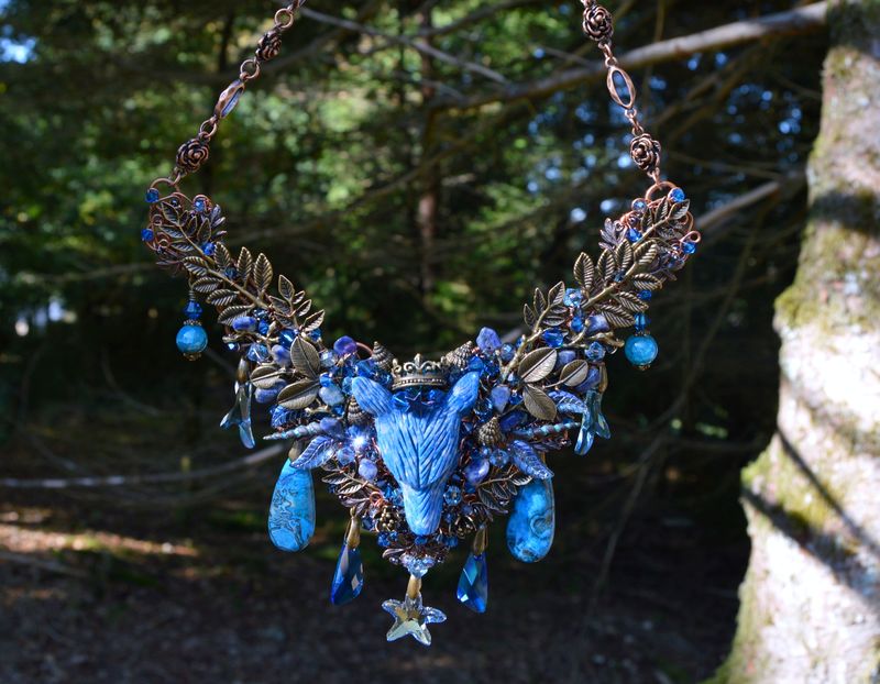 Mermaid necklace with blue Lapis Lazuli wolf and Swarovski crystal