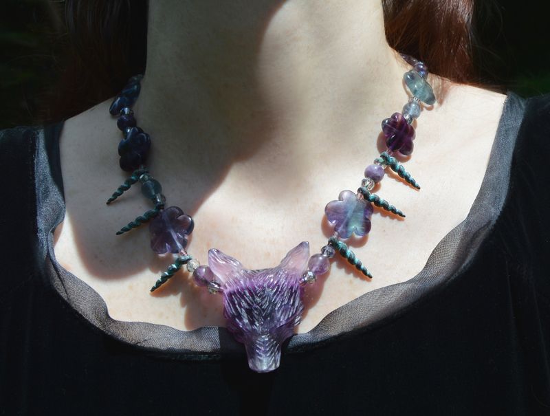 Fluorite crystal wolf necklace mermaid jewelry with unicorn horns