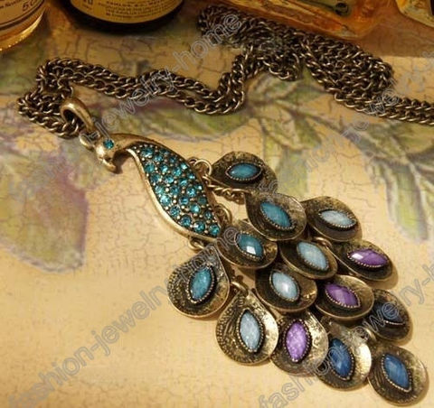 Fashion,Retro,Bronze,Peacock,Necklace,Pendant,Aqua,Crystal,peacock necklace