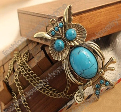 Fashion,Retro,Style,Bronze,Imitation,Turquoise,Owl,Necklace, Turquoise ring, Turquoise Necklace, Owl Necklace, Owl Jewelry, Owl