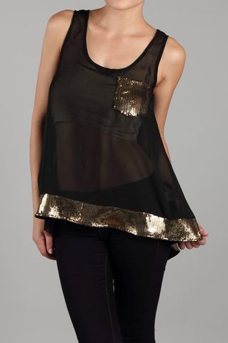 Black,Hi-Low,Tank,Top,with,Gold,Sequin,Trim,and,Pocket,Hi-Low Top, Hi-Low Tank Top, Black Tank Top, Gold Tank Top, Sequins