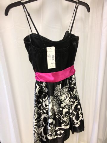 Black,Floral,Print,Dress,with,Dark,Pink,Ribbon,at,the,Waist,(Empire,Style),Little Black Dress, Satin Dress, Black Dress, Formal Wear, Homecoming Dress, Floral Print Dress, Floral Dress, Flower Accent