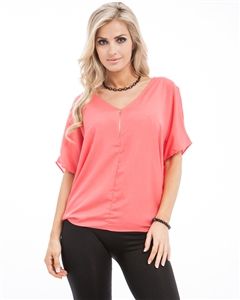Coral,Short,Sleeve,,Zipper,Front,,V-Neck,,Flowing,Top,Coral V-Neck, Coral Short Sleeve, Zipper Front, V-Neck, Flowing Top, Royal Blue Flowing Top, Coral Flowy Top, Coral Zipper Front Top, Short Sleeve Coral Top with Zipper, top, summer top, spring top,  chiffon top