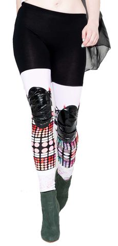 Make,up,print,leggings,with,leather,patch,printed leggings, leather leggings, leather pants