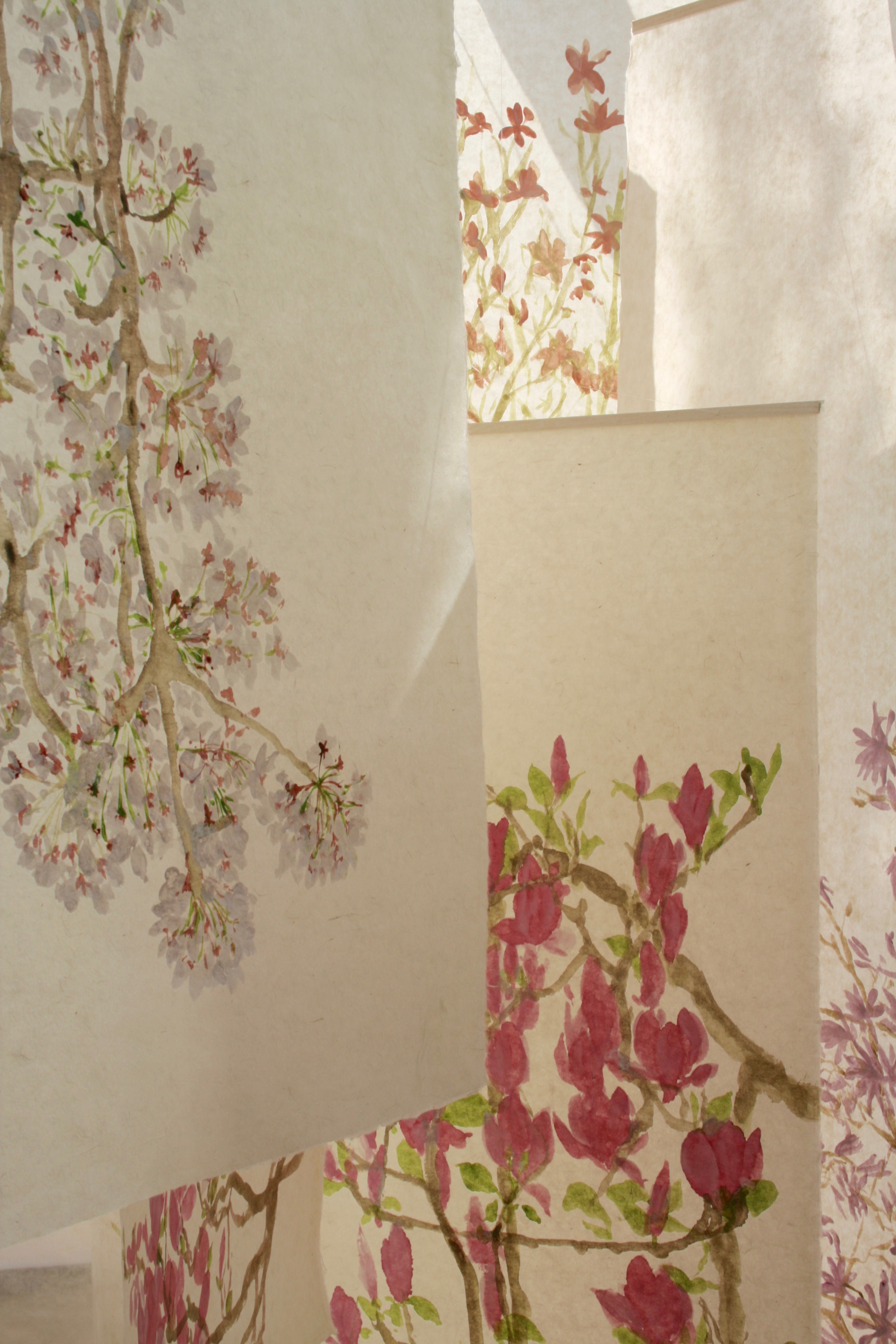 I was stunned by the two tone petals of these magnolia flowers and the lyrical way that they unfurled from the branches. Handmade Kozo paper with soft edges. This banner can be rolled for storage or posting and unfurled and simply hung for immediate effect.