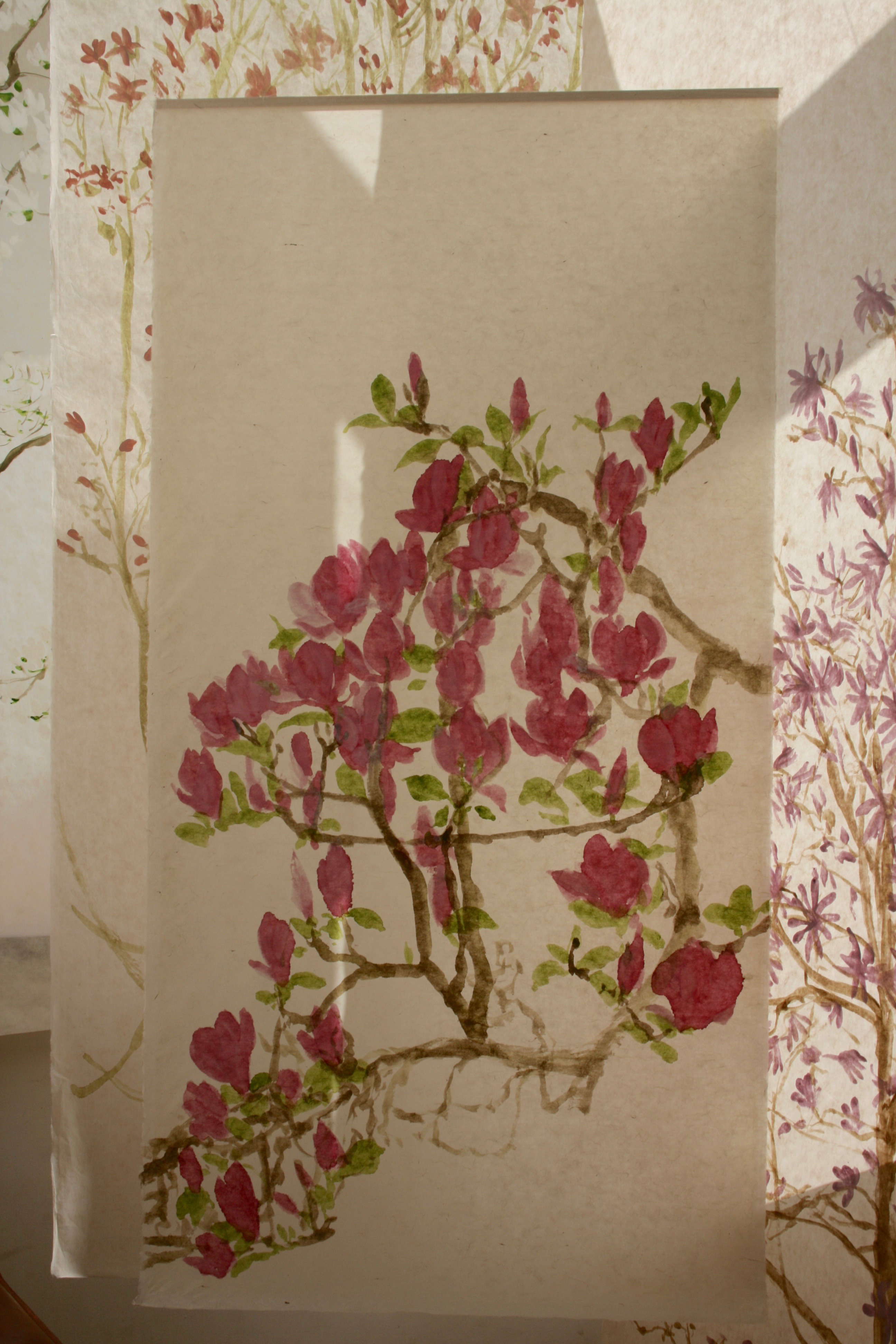 I was stunned by the two tone petals of these magnolia flowers and the lyrical way that they unfurled from the branches. Handmade Kozo paper with soft edges. This banner can be rolled for storage or posting and unfurled and simply hung for immediate effect.