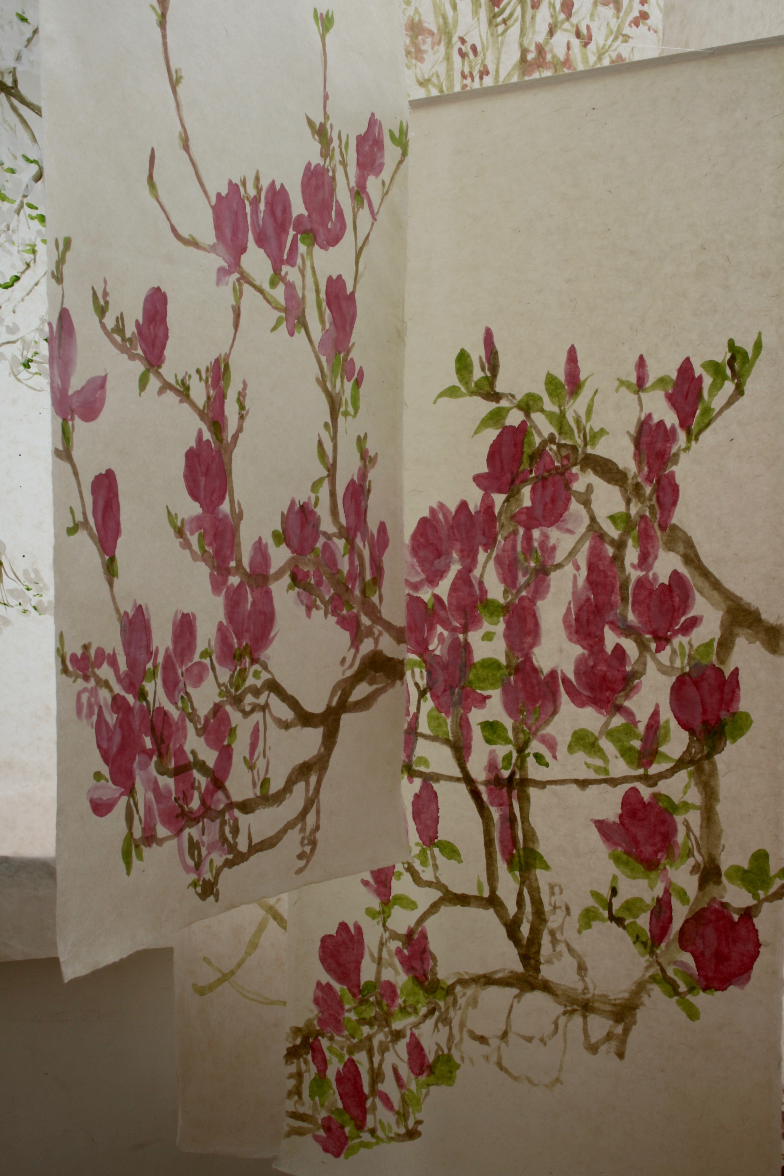 I was stunned by the two tone petals of these magnolia flowers and the lyrical way that they unfurled from the branches. Handmade Kozo paper with soft edges. This banner can be rolled for storage or posting and unfurled and simply hung for immediate effect.