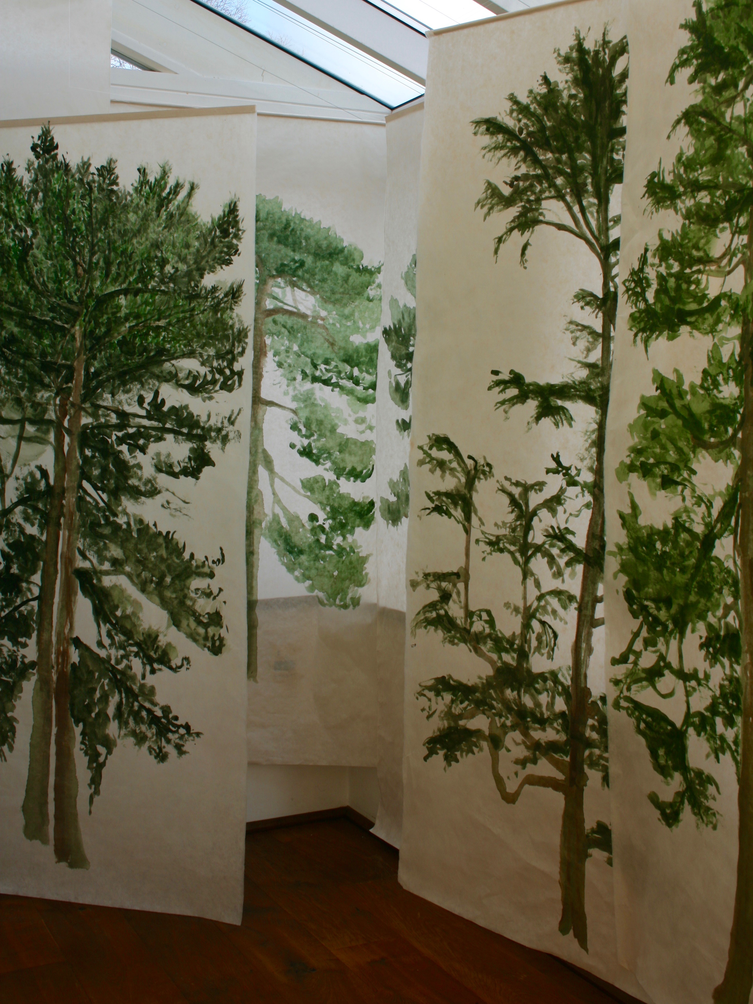I love the clusters of needles that fill the sky star-like at the top of these Pines. This banner can be rolled for storage or posting and unfurled and simply hung for immediate effect.