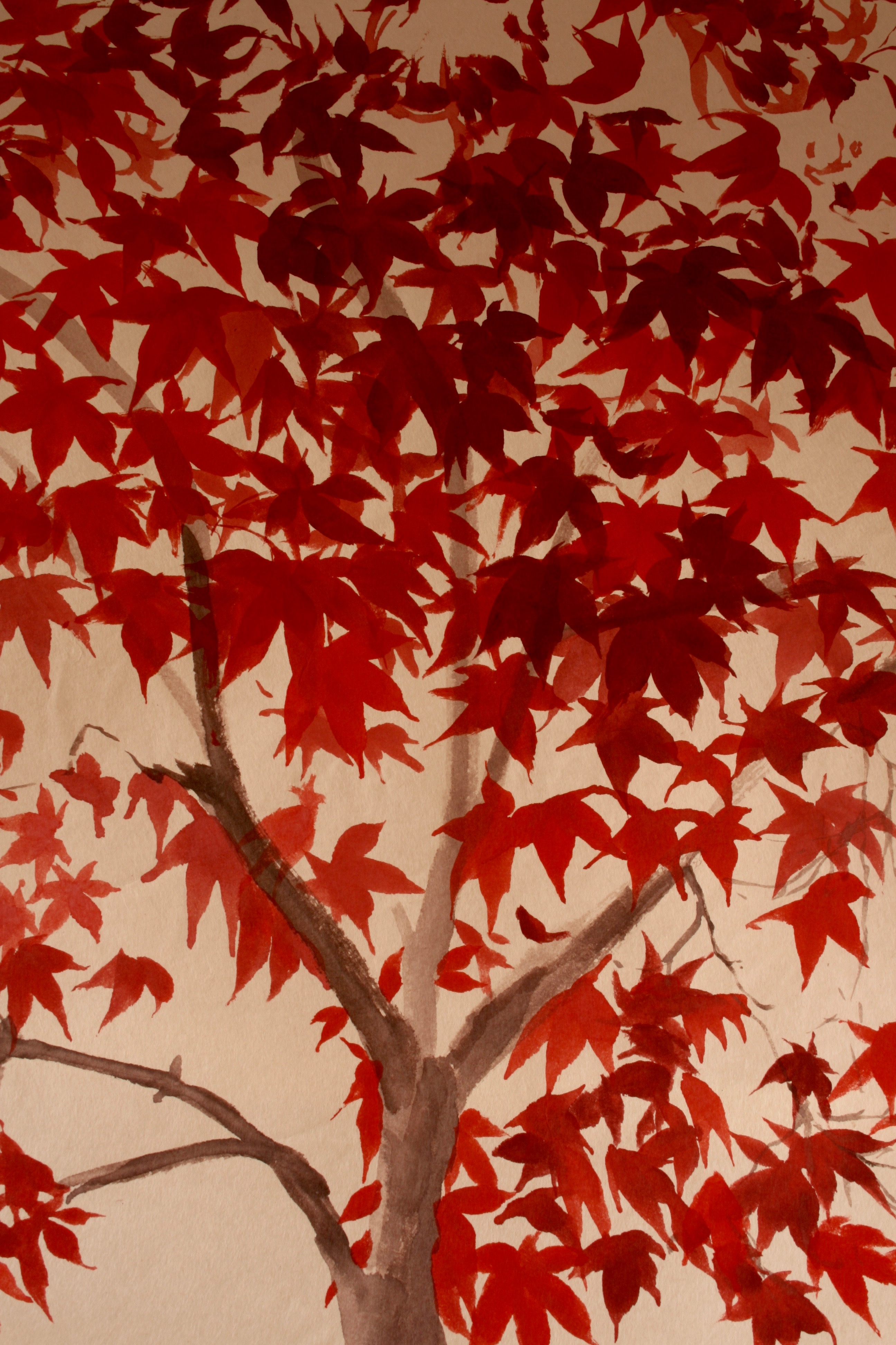 Starburst of brilliant red leaves on handmade Yuumashi paper.