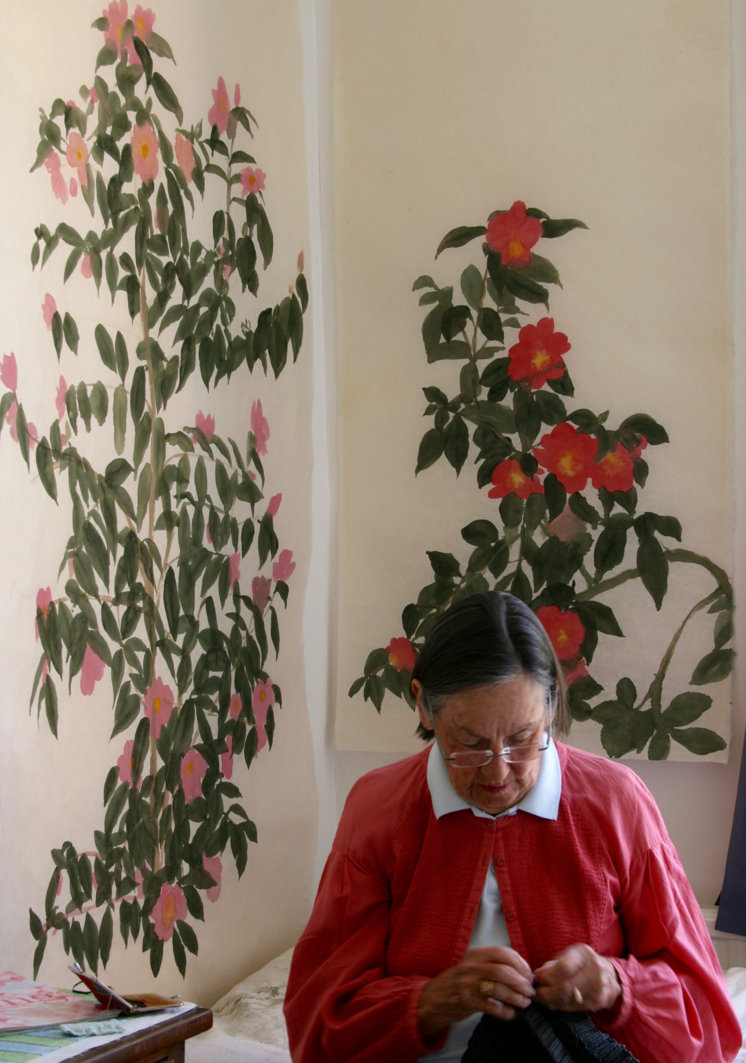 A large banner on Kozo shoji paper of this pink camellia from South Central China.