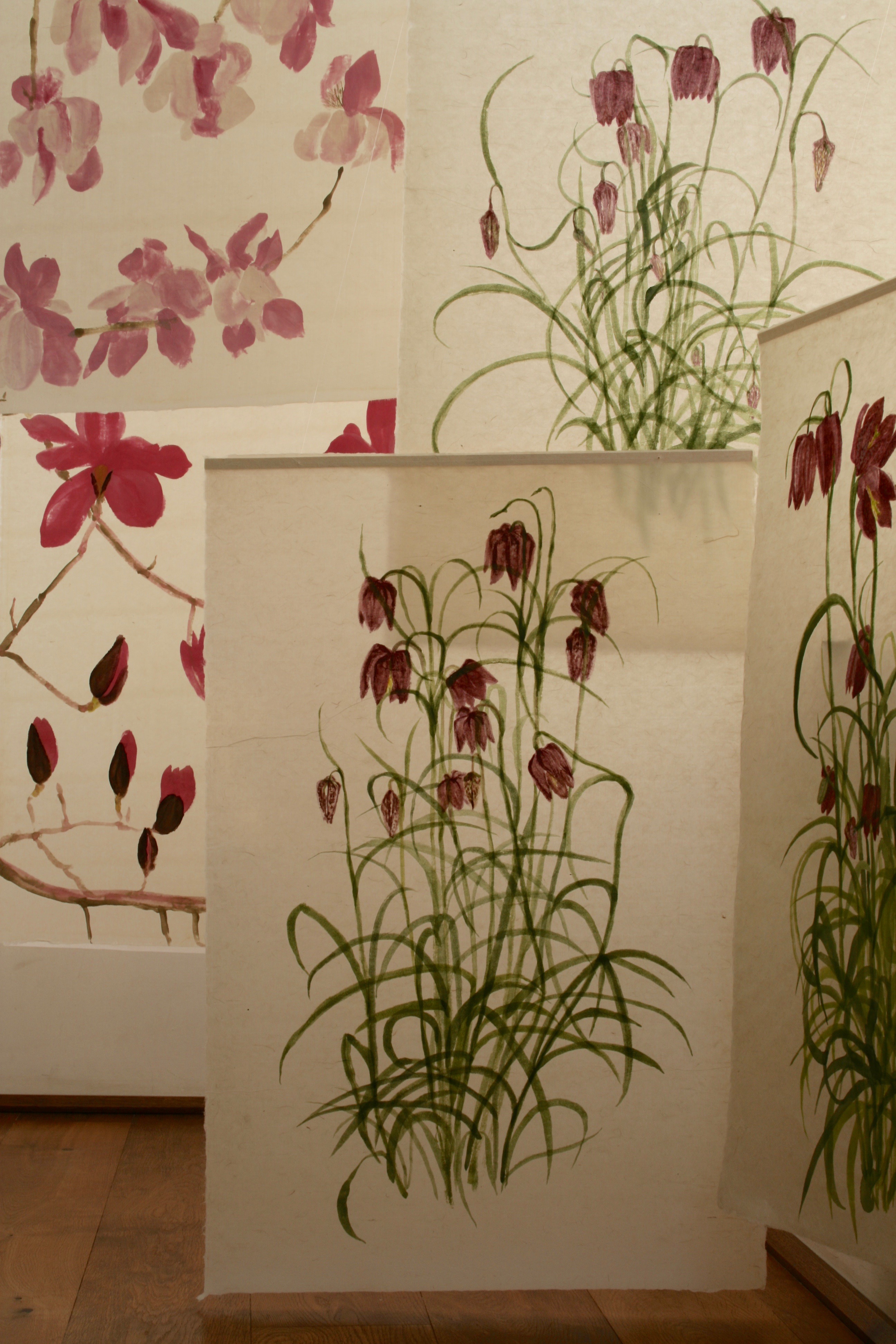 Painted a week after Magnolia Campbellii the flowers now fully open with the white sides of the petals visible and the colours softer. Acrylic paint on handmade Japanese Seichosan Kozo paper. This banner can be rolled for storage or posting and unfurled and simply hung for immediate effect.