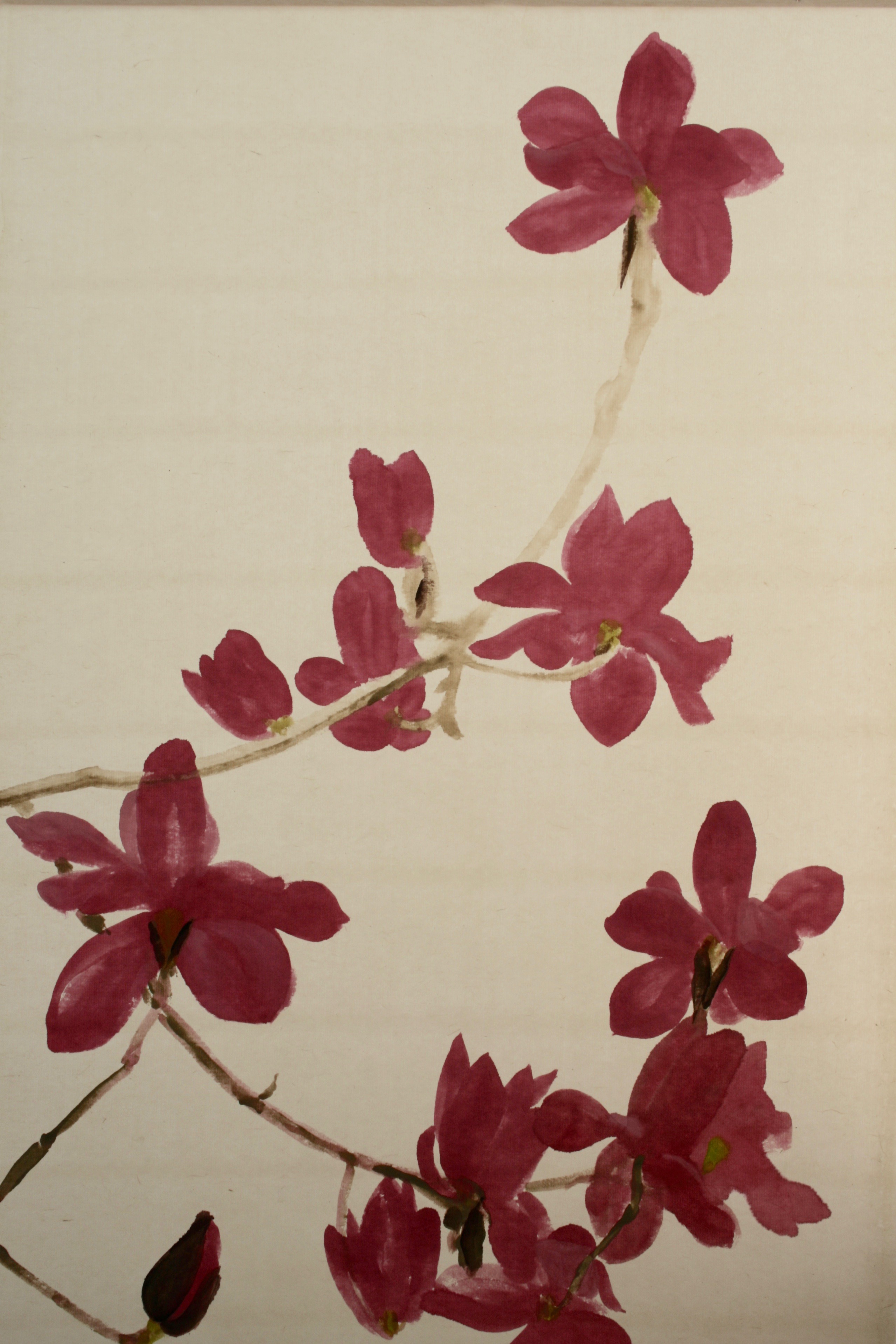 Painted from beneath the bright pink underside of the petals emerging from their dark velvety bud cases. Acrylic paint on handmade Japanese Seichosan Kozo paper. This banner can be rolled for storage or posting and unfurled and simply hung for immediate effect.