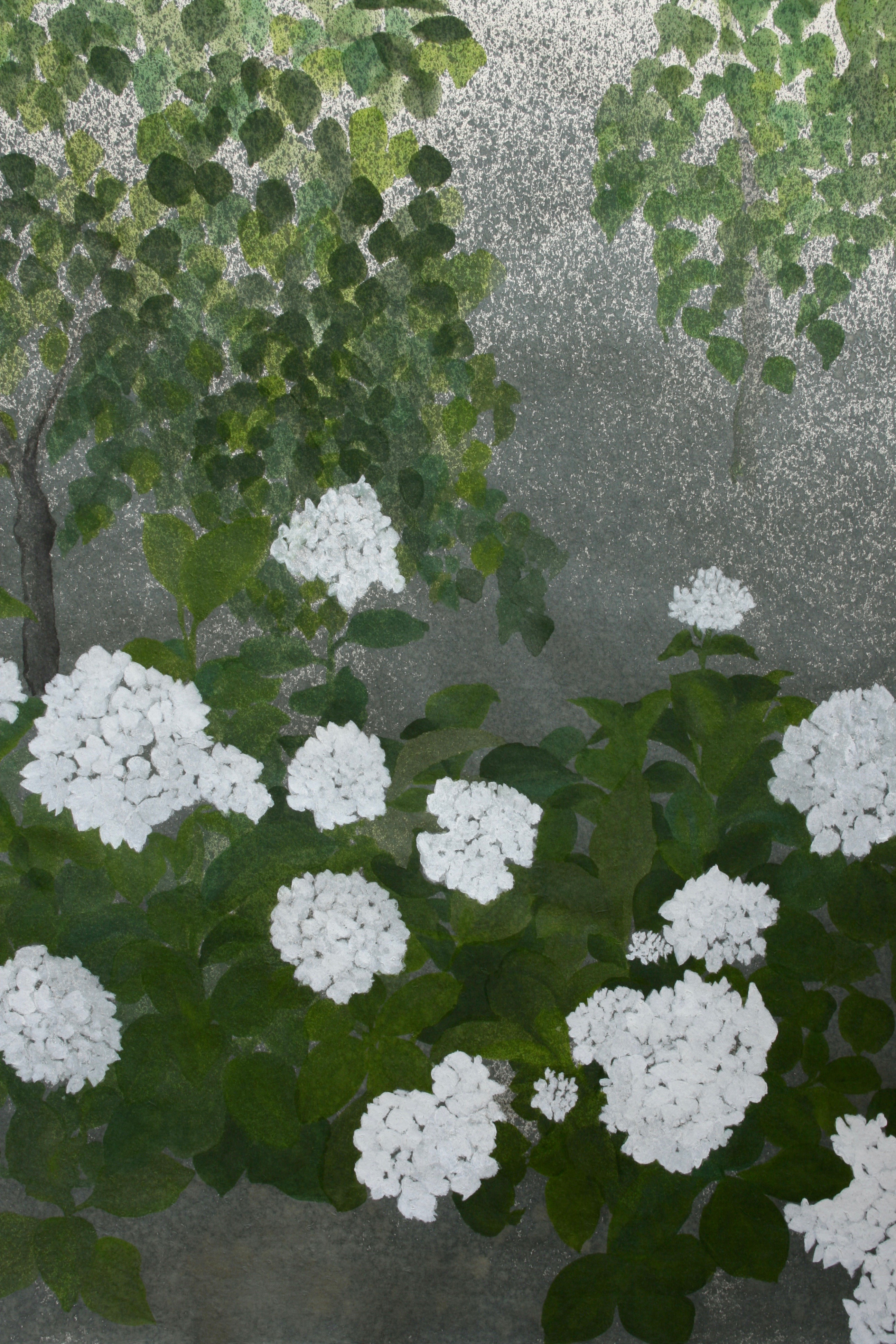 Atmospheric dark skies, deep shade and summer rain on white hydrangea and silver birch. Acrylic paint on handmade Yuumashi paper.