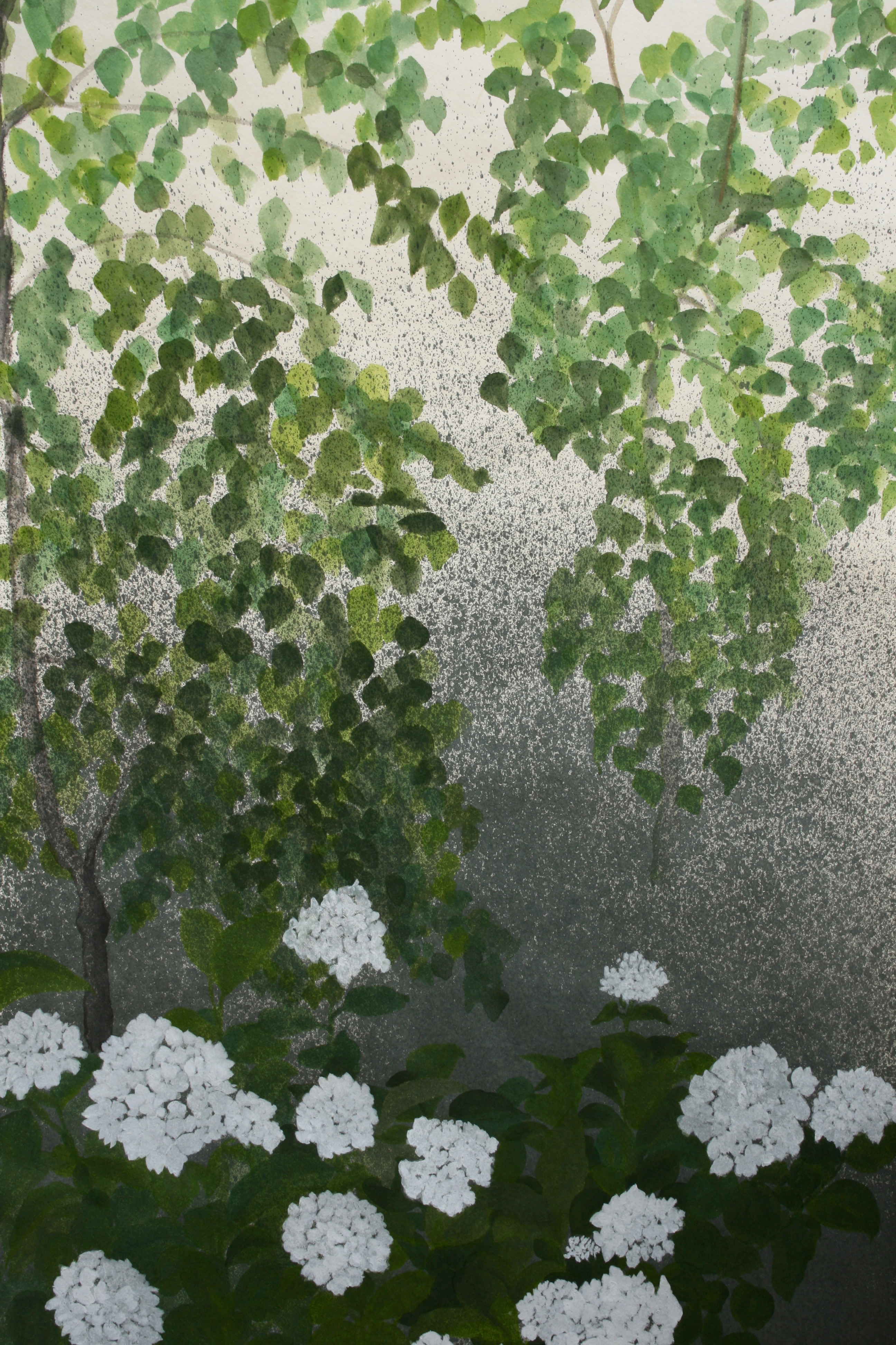 Atmospheric dark skies, deep shade and summer rain on white hydrangea and silver birch. Acrylic paint on handmade Yuumashi paper.