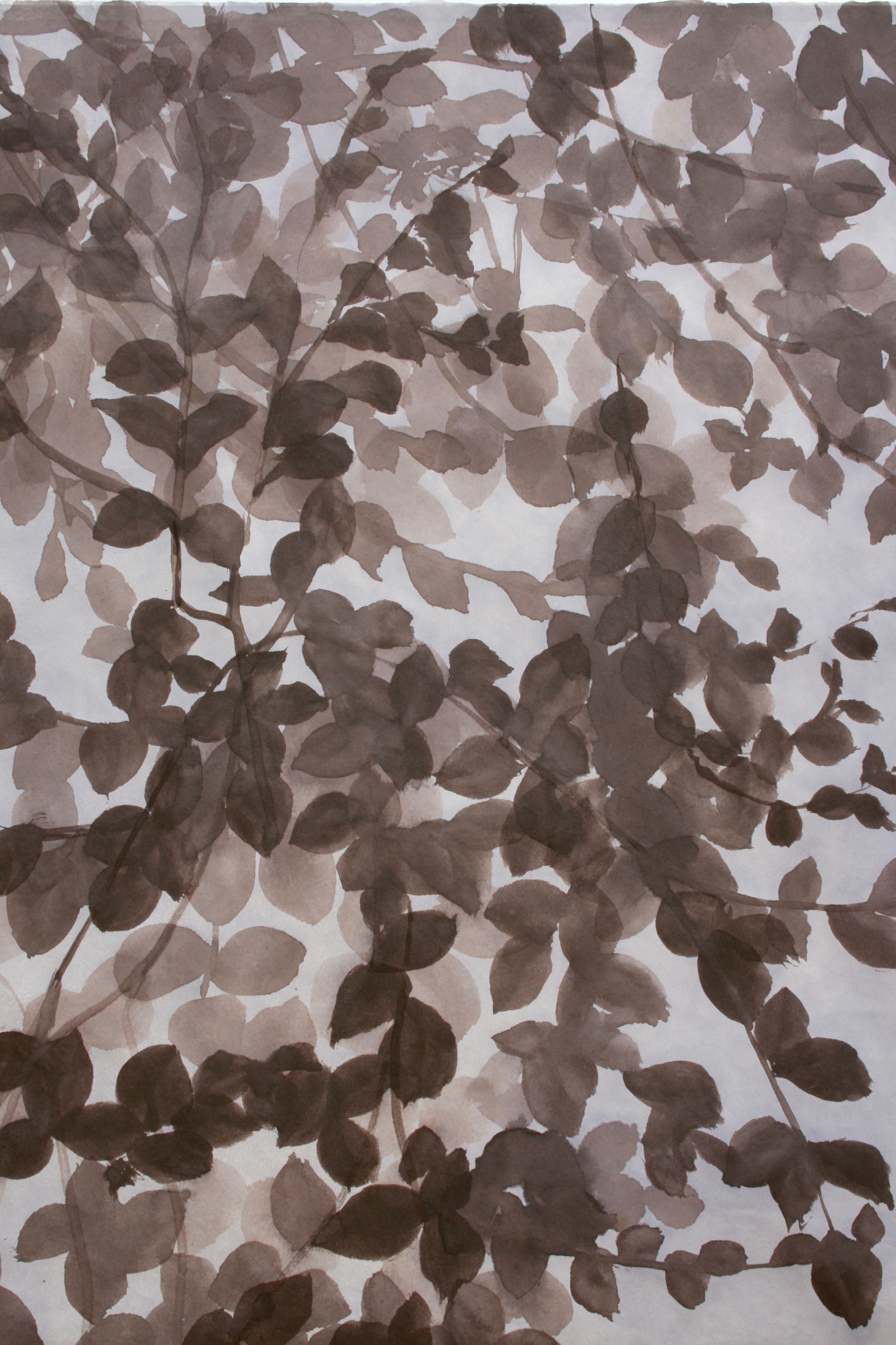 Copper Beech boughs with a wash of Thistle Blue to evoke the atmosphere of first light. Acrylic paint on handmade Yuumashi paper.