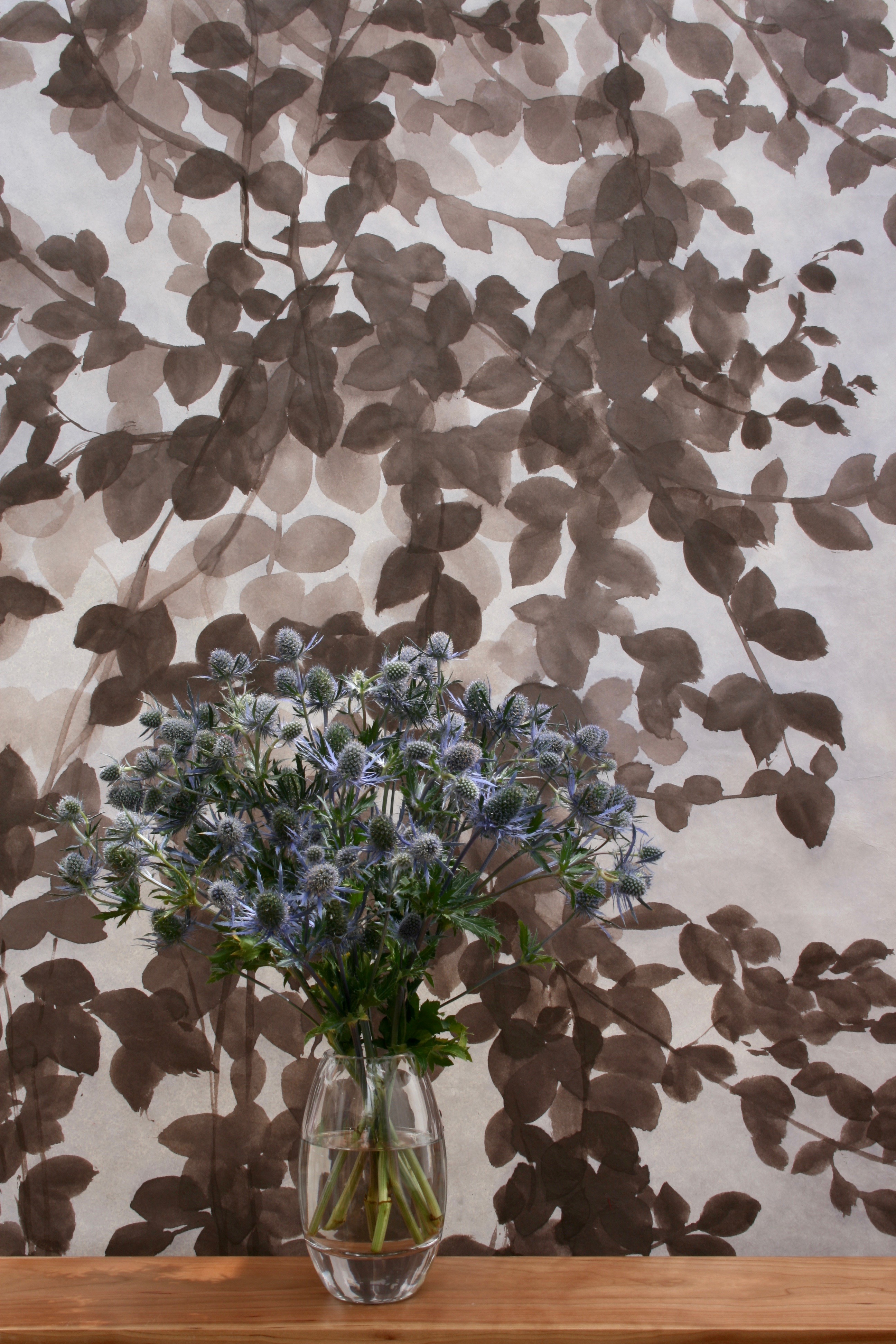 Copper Beech boughs with a wash of Thistle Blue to evoke the atmosphere of first light. Acrylic paint on handmade Yuumashi paper.
