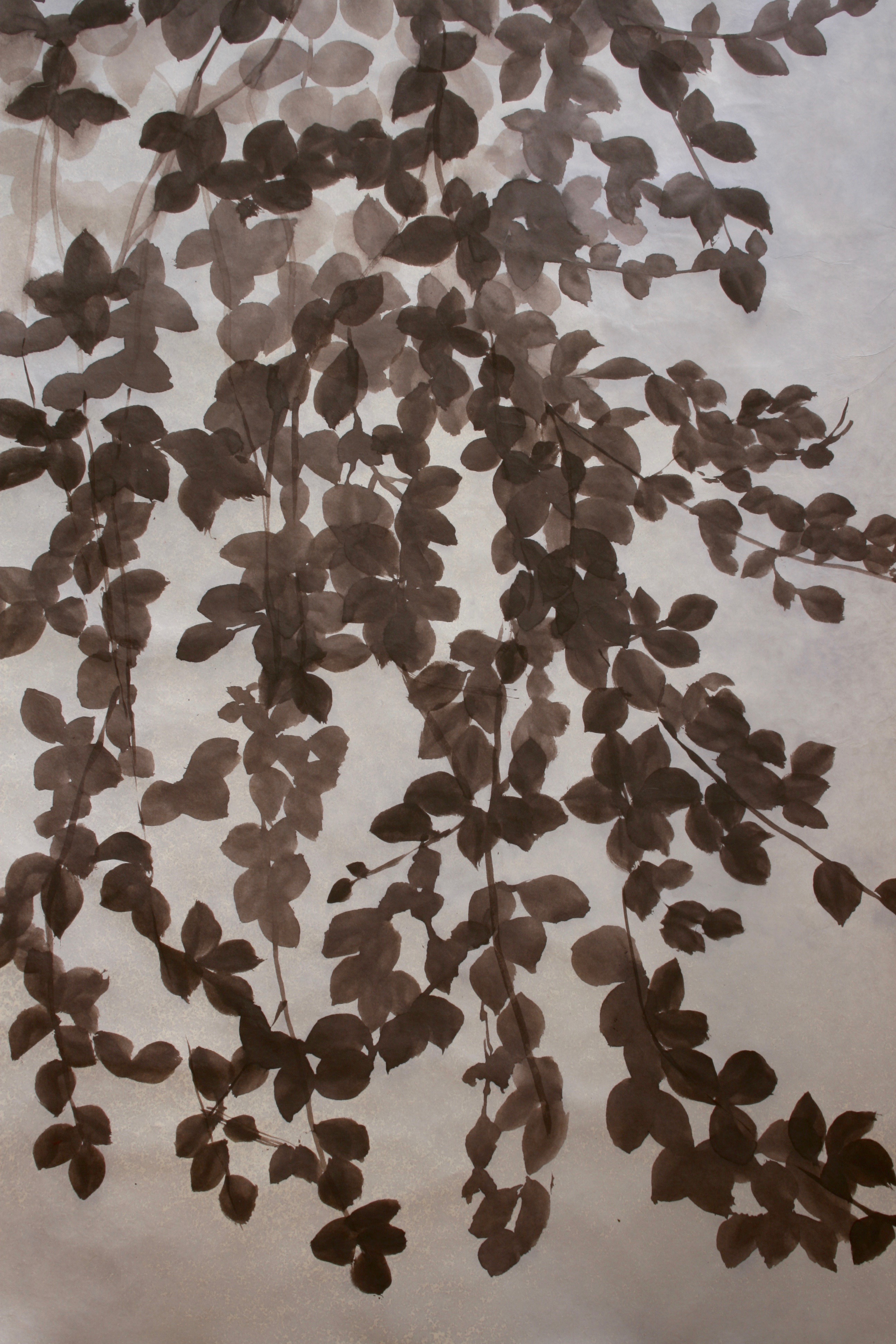Copper Beech boughs with a wash of Thistle Blue to evoke the atmosphere of first light. Acrylic paint on handmade Yuumashi paper.
