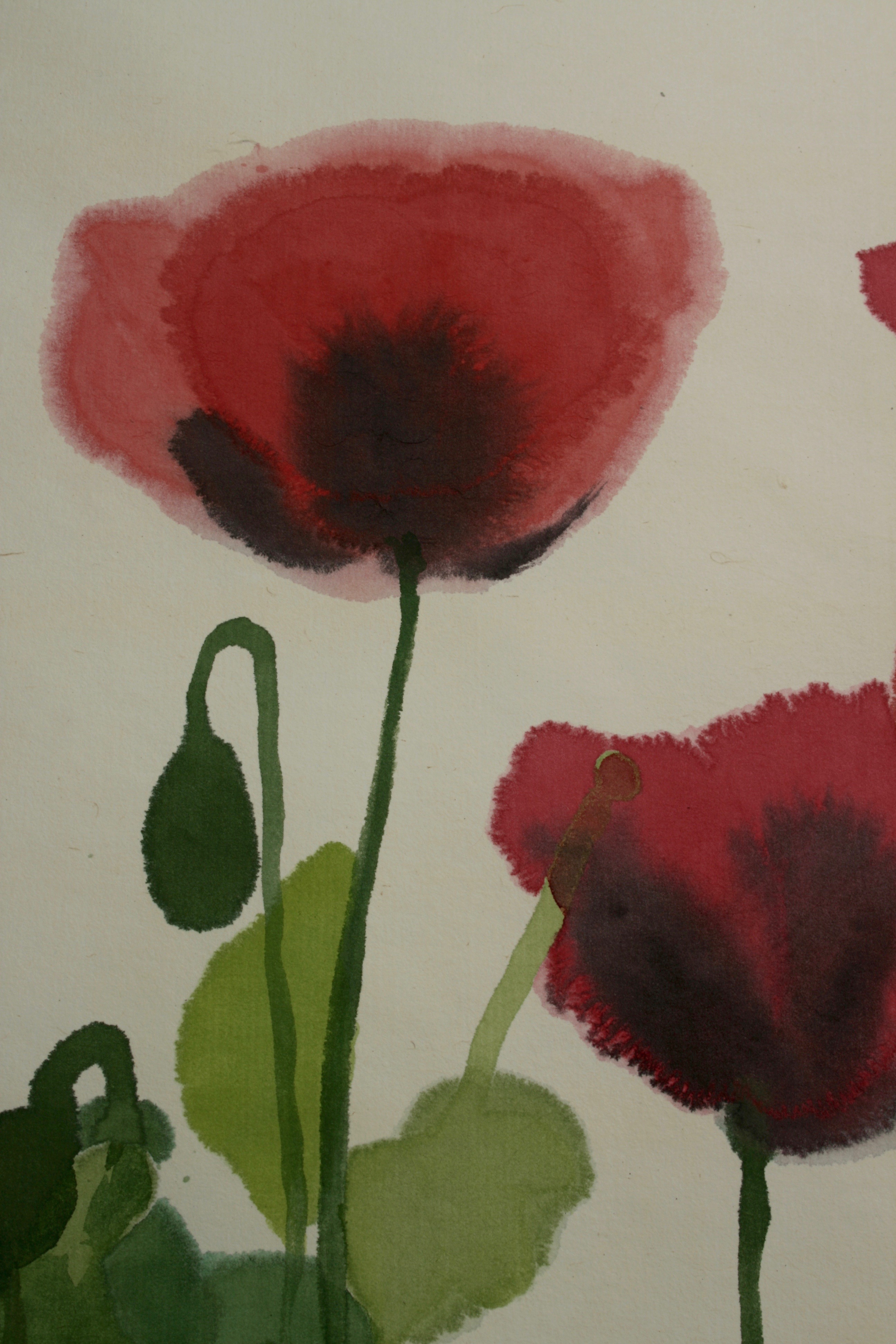 Grown from seed in a pot on our terrace these poppies gave us such pleasure in July. Acrylic paint on handmade Japanese Seichosan Kozo paper. This banner can be rolled for storage or posting and unfurled and simply hung for immediate effect.