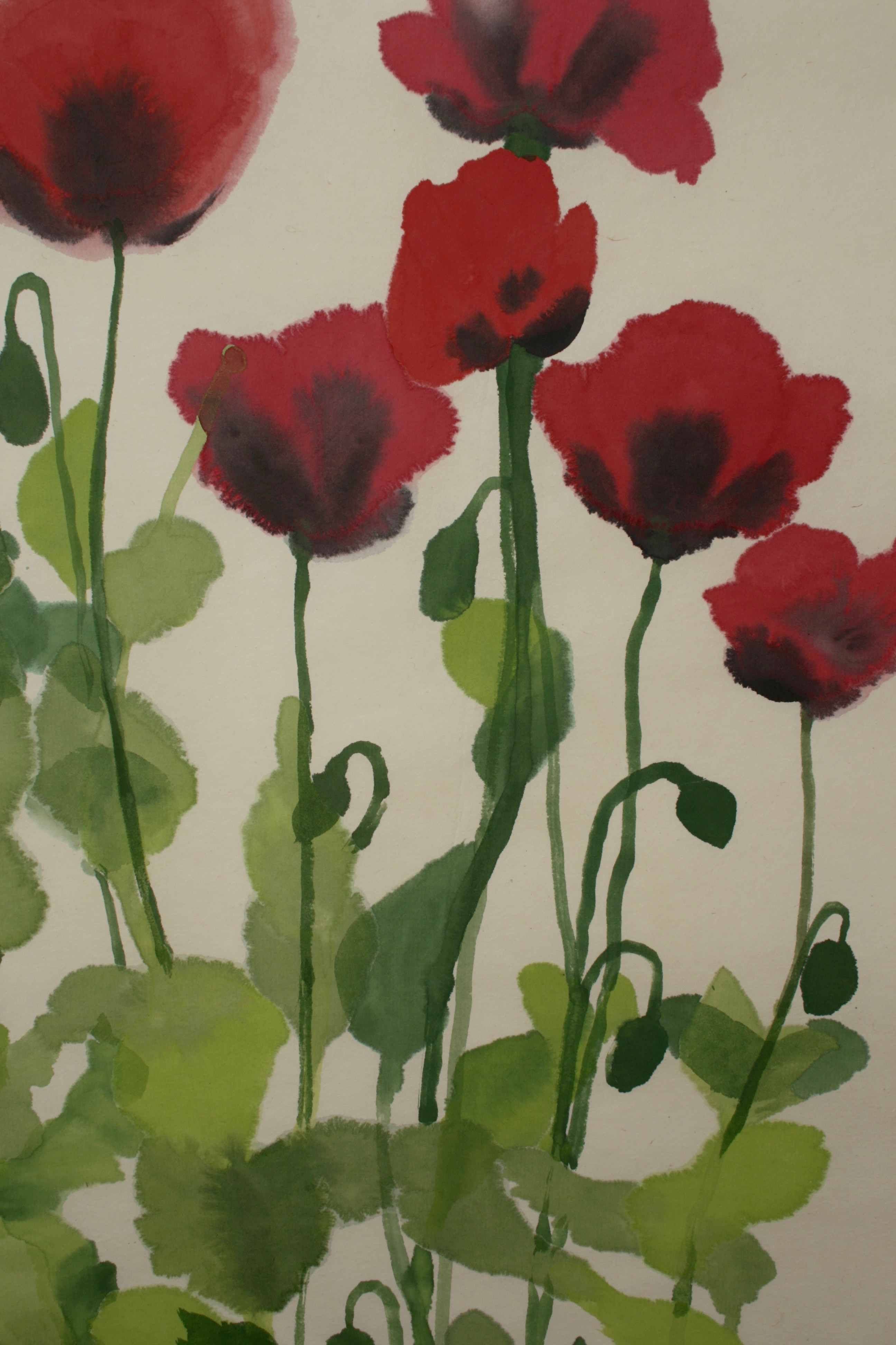 Grown from seed in a pot on our terrace these poppies gave us such pleasure in July. Acrylic paint on handmade Japanese Seichosan Kozo paper. This banner can be rolled for storage or posting and unfurled and simply hung for immediate effect.