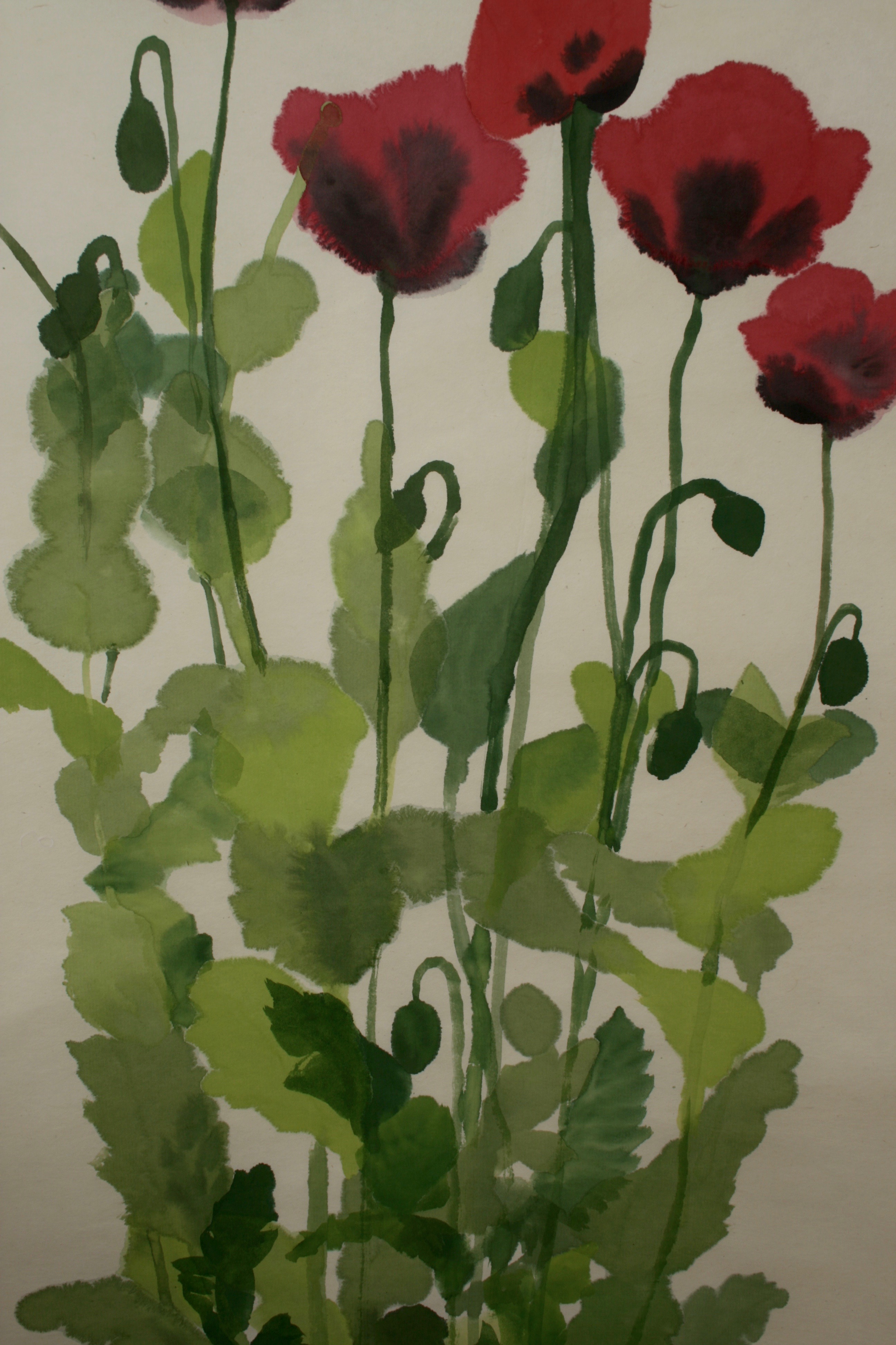 Grown from seed in a pot on our terrace these poppies gave us such pleasure in July. Acrylic paint on handmade Japanese Seichosan Kozo paper. This banner can be rolled for storage or posting and unfurled and simply hung for immediate effect.