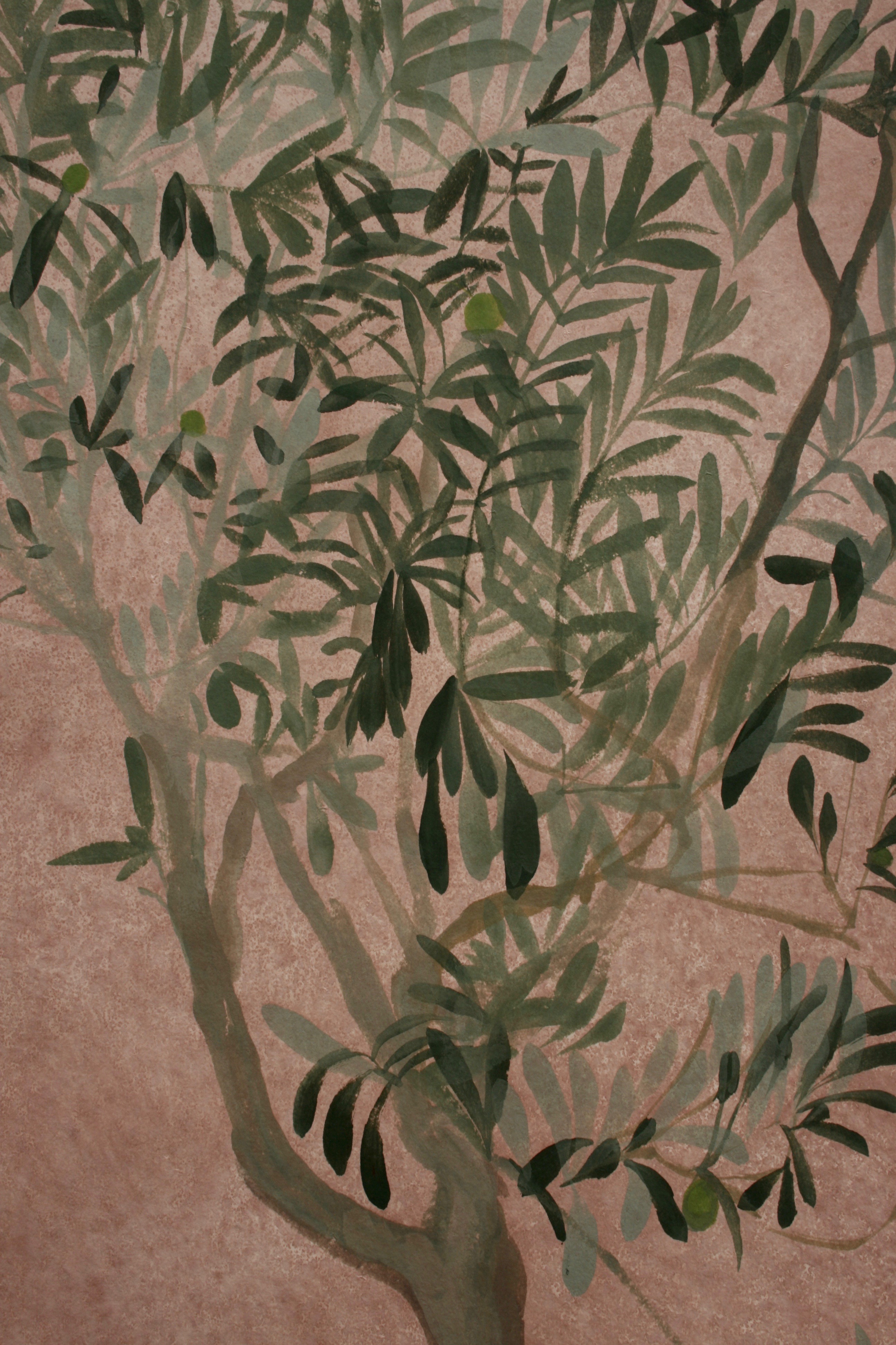 The second in a series of three little Olive trees with warm, earthy overpainting to evoke Mediterranean summers, sunbaked walls and ground, cicadas and frescos. Acrylic paint on handmade Yuumashi paper.