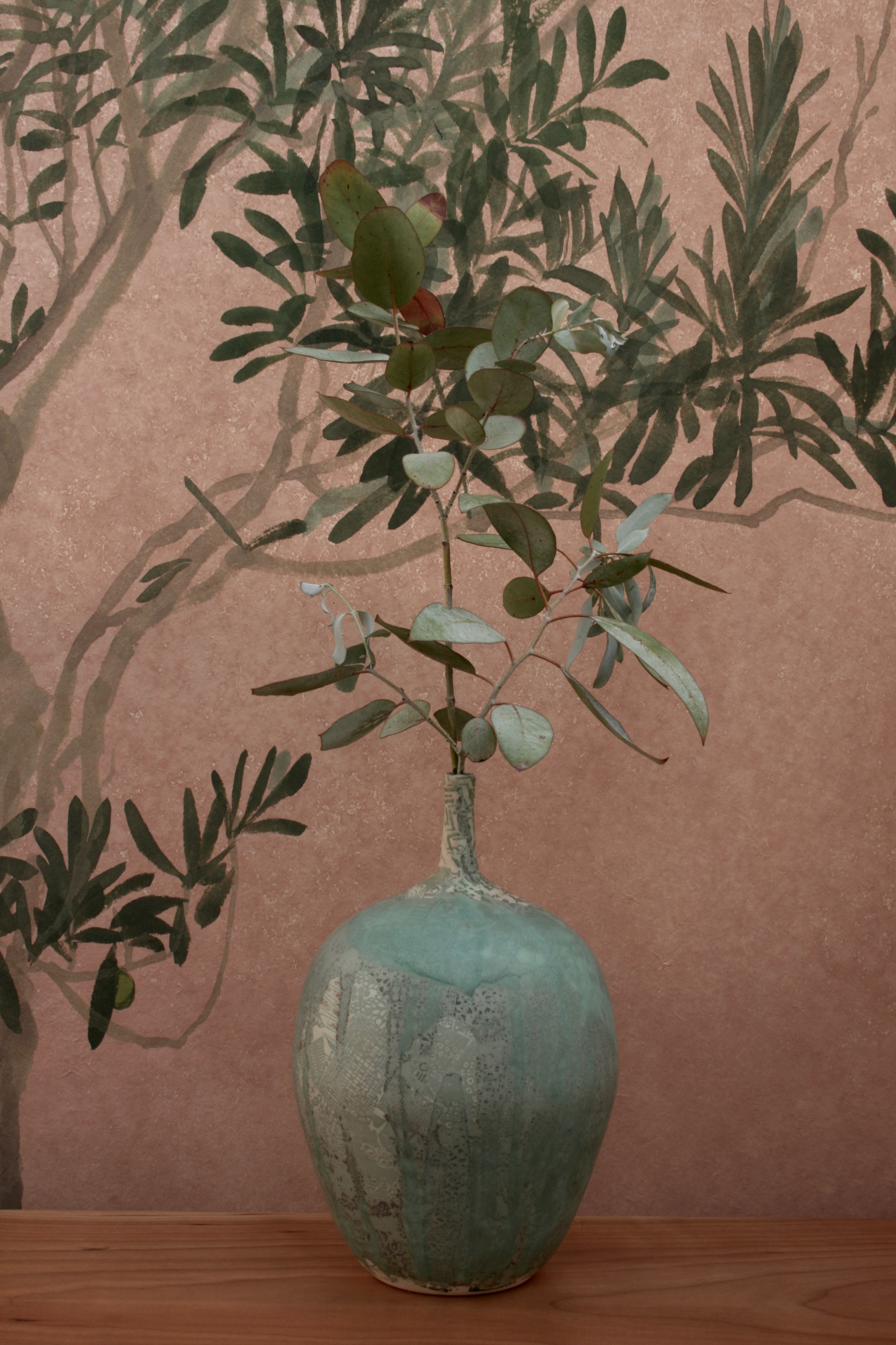 The second in a series of three little Olive trees with warm, earthy overpainting to evoke Mediterranean summers, sunbaked walls and ground, cicadas and frescos. Acrylic paint on handmade Yuumashi paper.