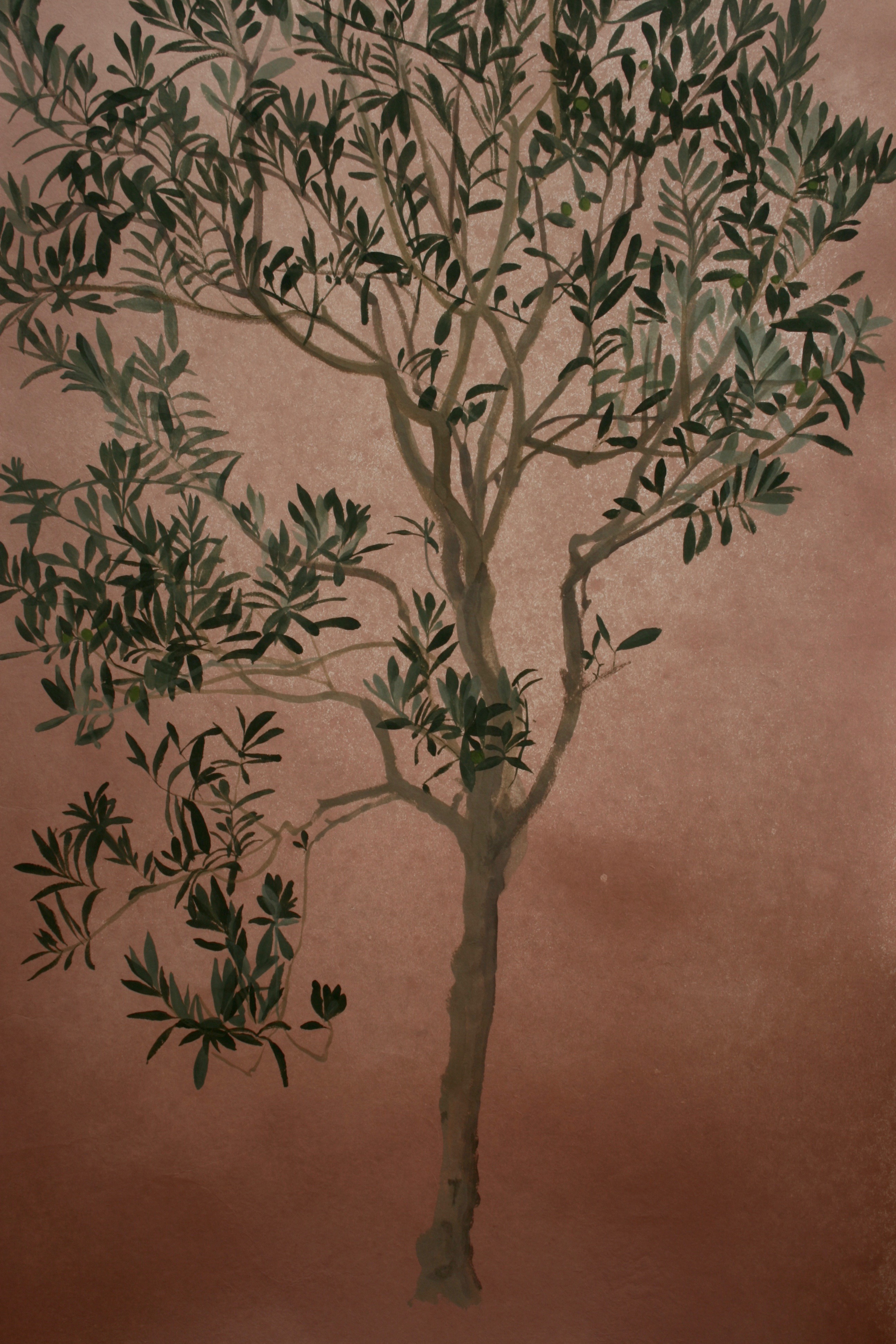 The second in a series of three little Olive trees with warm, earthy overpainting to evoke Mediterranean summers, sunbaked walls and ground, cicadas and frescos. Acrylic paint on handmade Yuumashi paper.