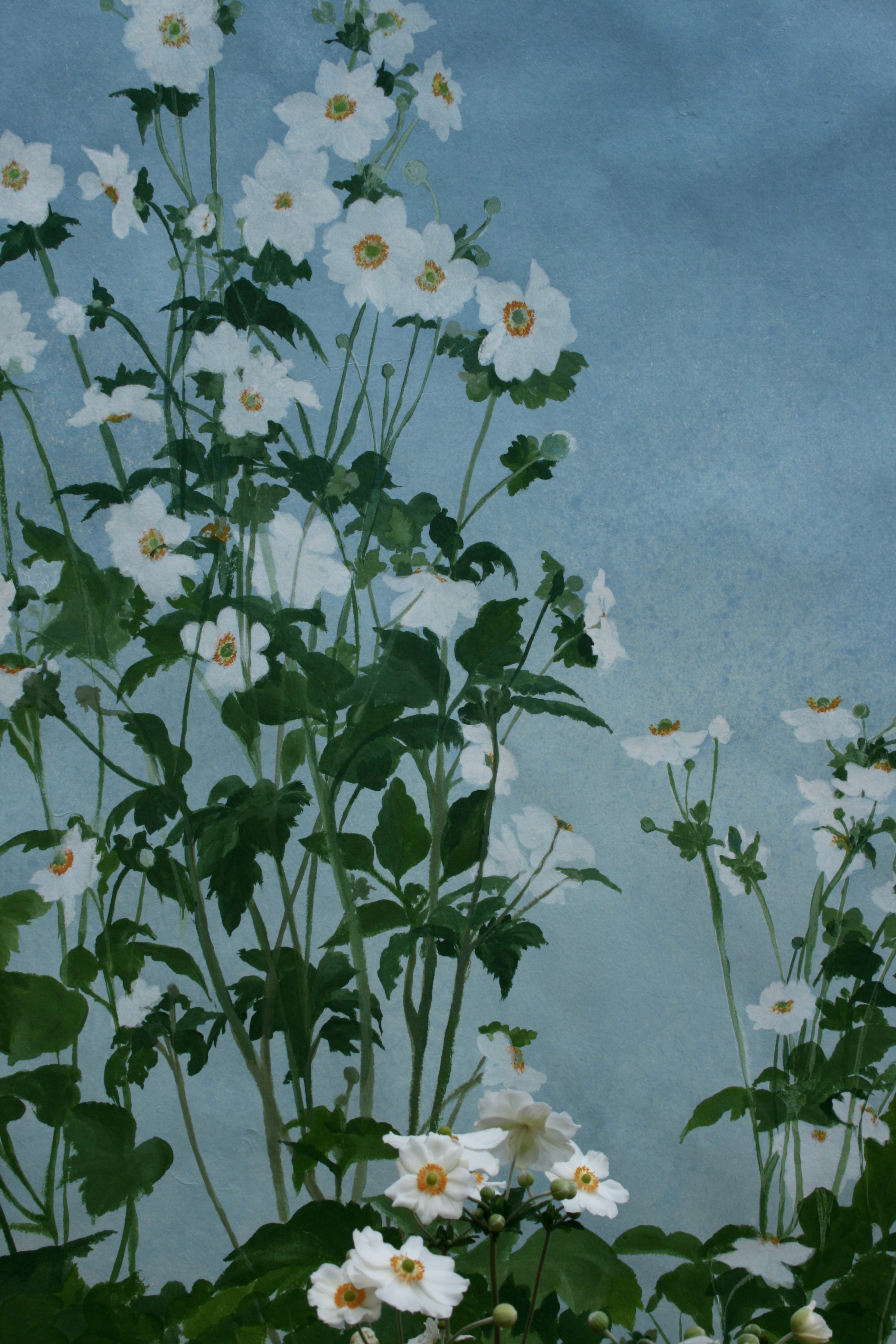 Pure Blue sky of late summer with Japanese Anemones in full bloom. Acrylic paint on handmade Yuumashi paper.