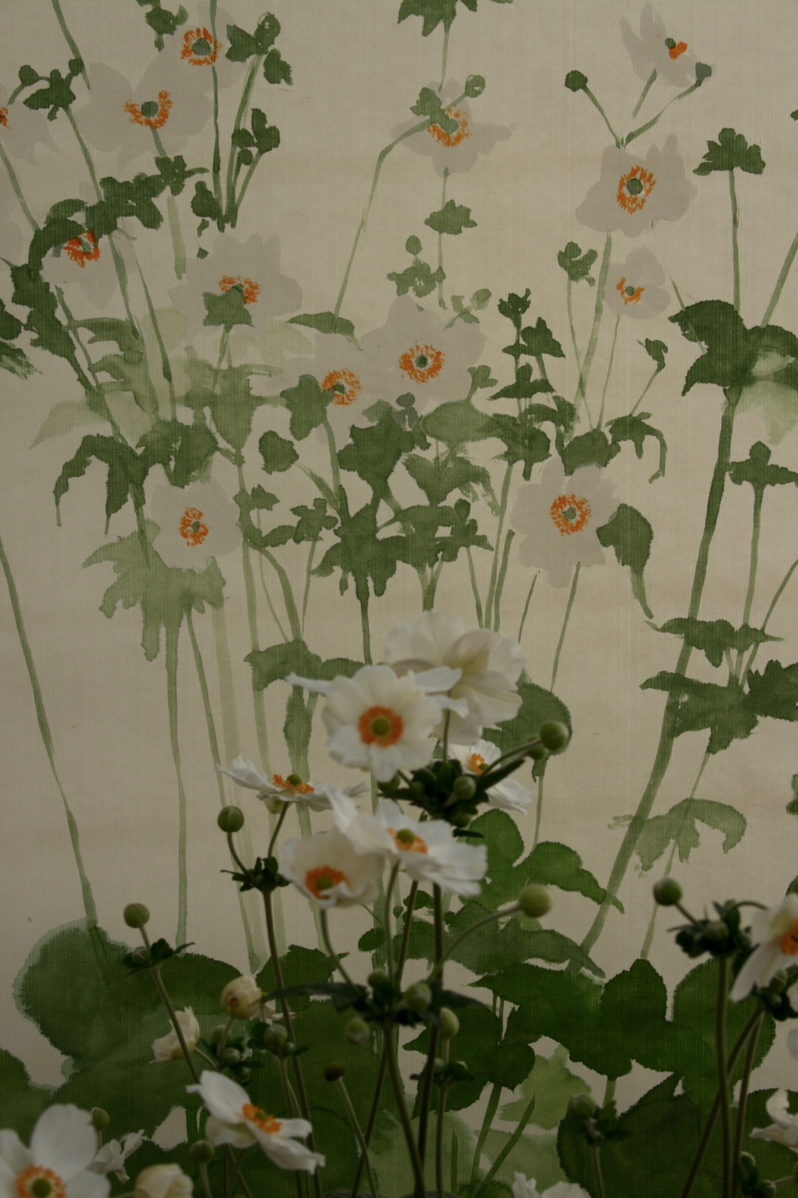 These Japanese Anemones remind me of fountains with the flowers and buds as the crests and the leaves cascading and splashing. Acrylic paint on handmade Japanese Seichosan Kozo paper. This banner can be rolled for storage or posting and unfurled and simply hung for immediate effect.