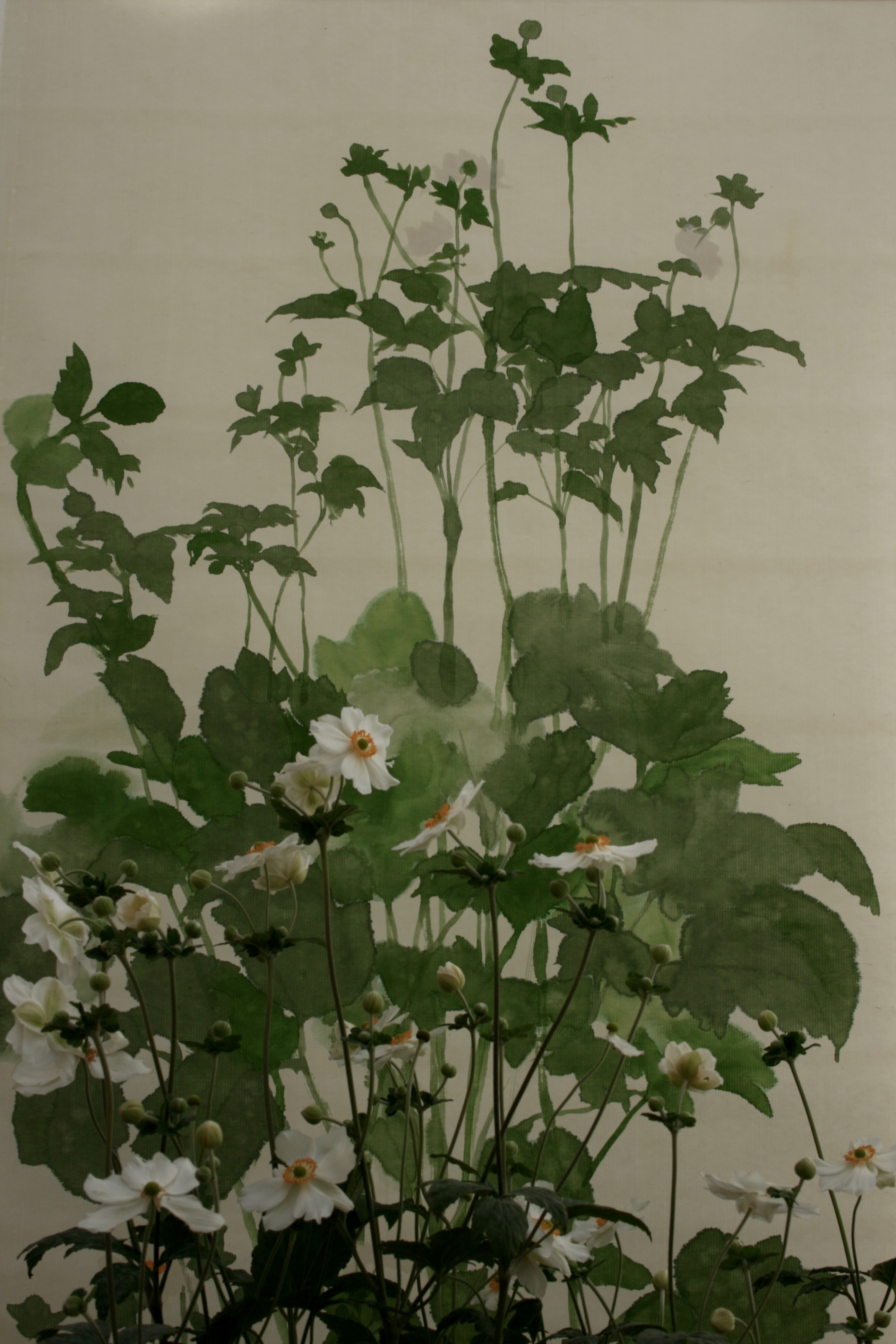 These Japanese Anemones remind me of fountains with the flowers and buds as the crests and the leaves cascading and splashing. Acrylic paint on handmade Japanese Seichosan Kozo paper. This banner can be rolled for storage or posting and unfurled and simply hung for immediate effect.