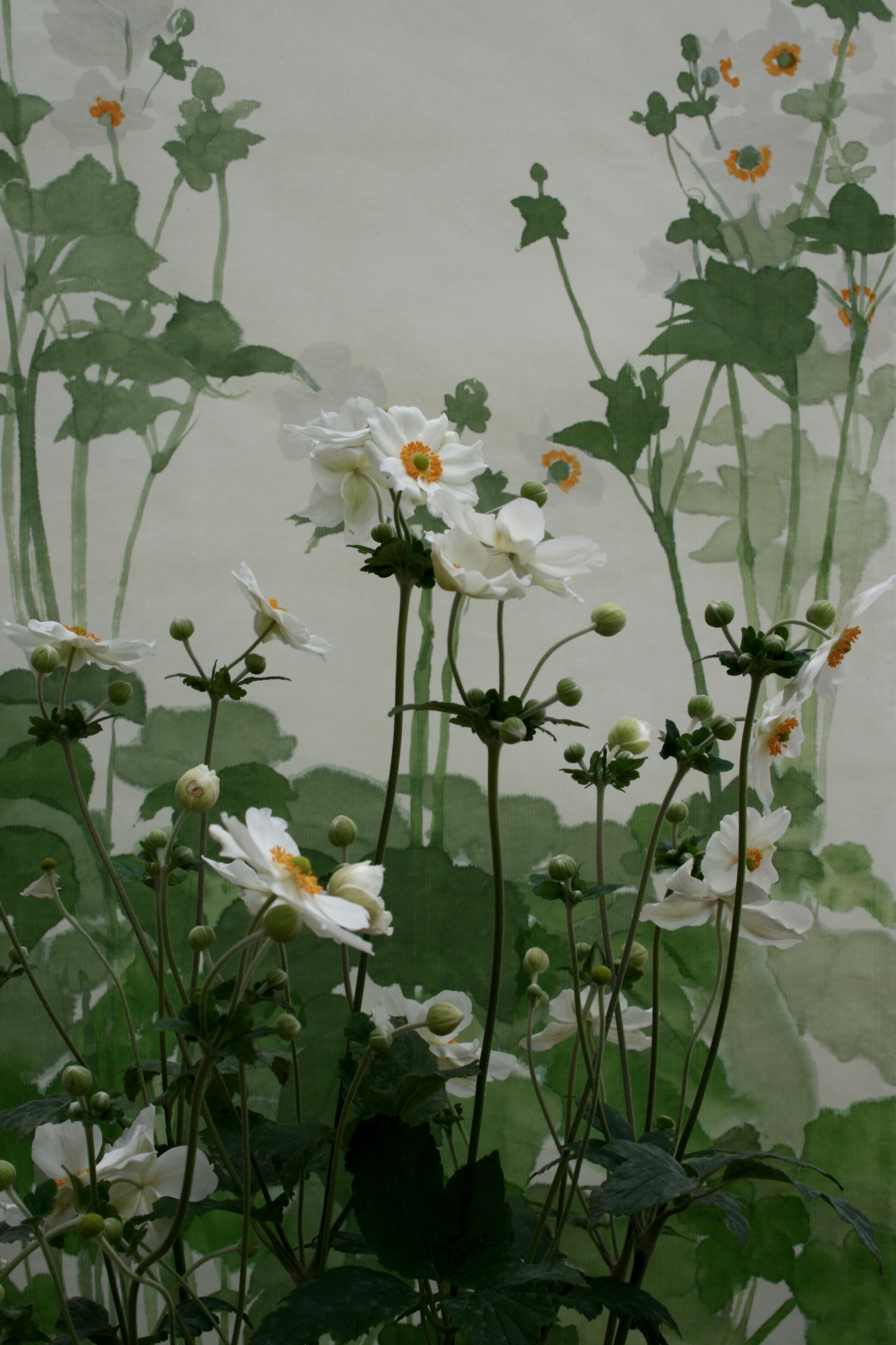 These Japanese Anemones remind me of fountains with the flowers and buds as the crests and the leaves cascading and splashing. Acrylic paint on handmade Japanese Seichosan Kozo paper. This banner can be rolled for storage or posting and unfurled and simply hung for immediate effect.