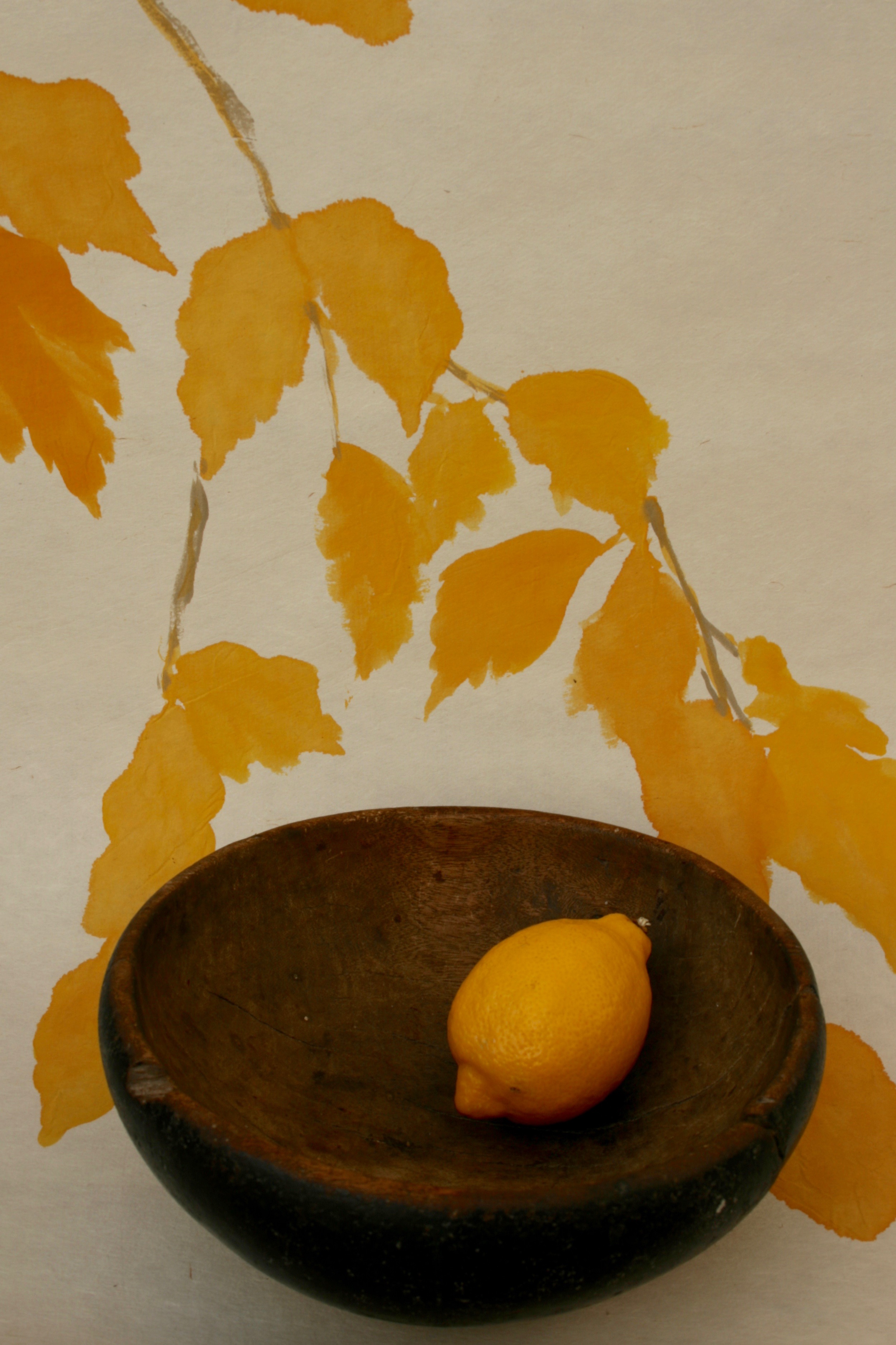 Lemon yellow leaves and a lemon in a hand carved bowl