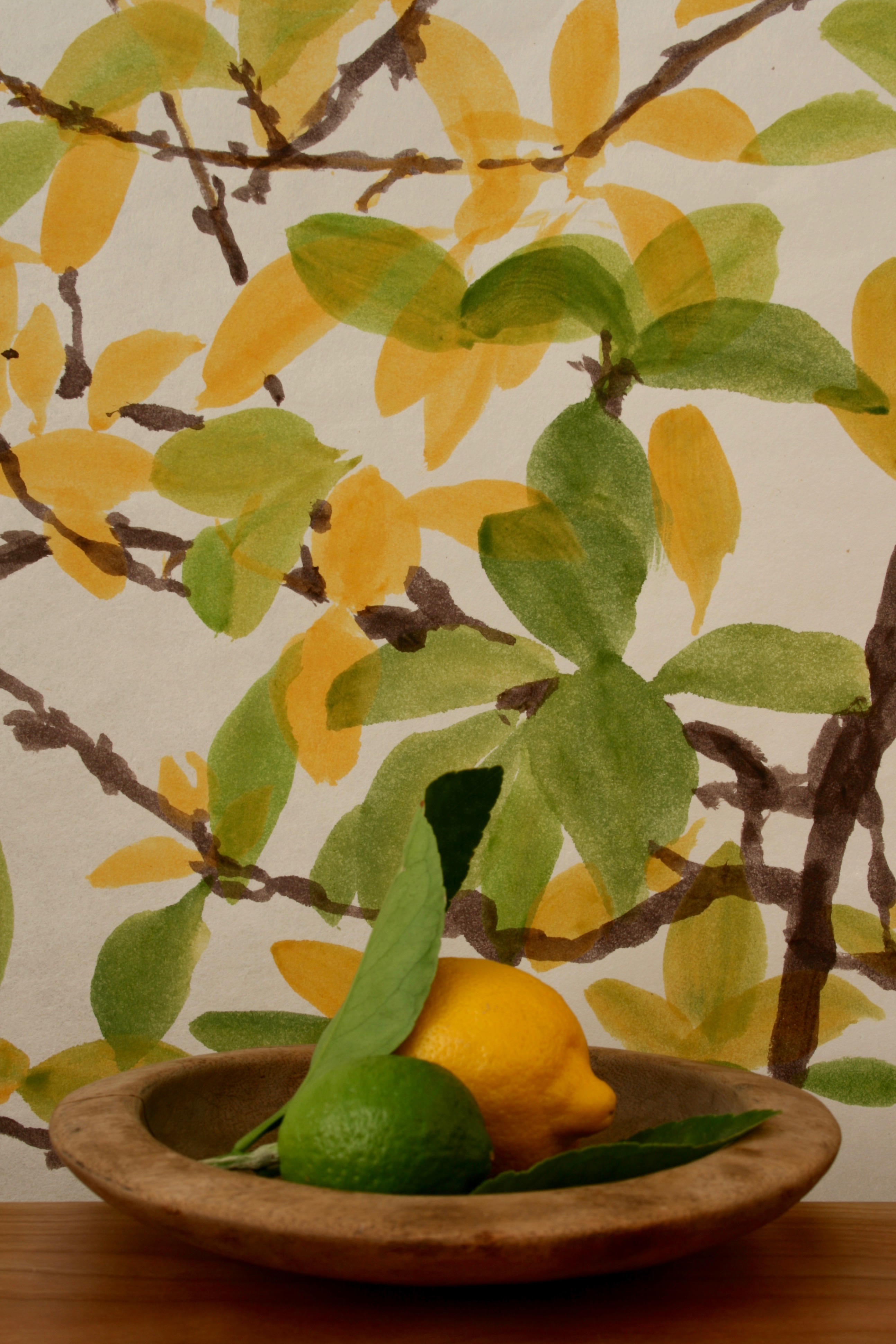 Lemon Yellow and Lime Green plum leaves on handmade kobo paper