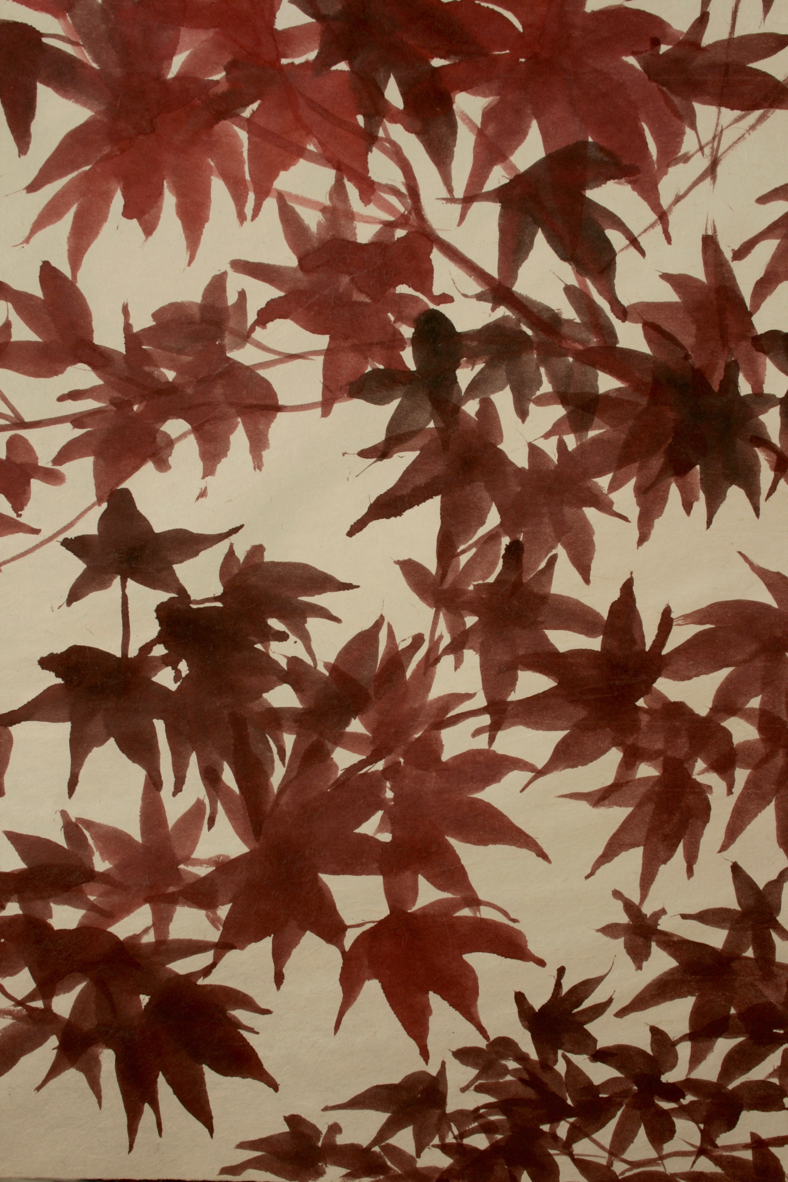 Wall hanging of an Autumn Acer Tree in shades of organic red, pink and deep purple. Painted in Acrylic paint on handmade Heritage Hosokawa Kozo paper