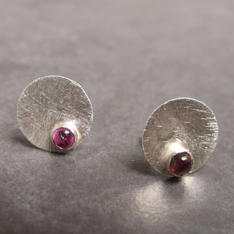 Dotty,Spot,Ear,Studs,sterling,silver,and,pink,tourmaline,cabochons,Jewelry,Earrings,Metalwork,studs,posts,disk,circle,gemstones,europe,uk,french,round,ear studs,sterling silver,rubellite