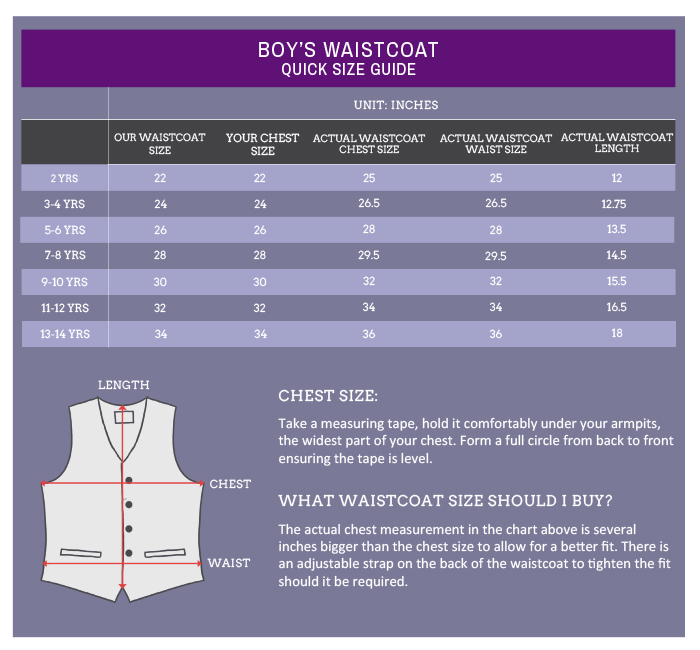pageboy waistcoat size guide