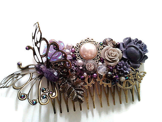 Antique bronze butterfly and purple floral wedding hair comb, purple floral wedding hair comb, alternative bridal hair comb, alternative wedding hair comb, bronze wedding hair accessory, butterfly bridal hair comb, bronze wedding hair comb, bronze wedding hair accessory