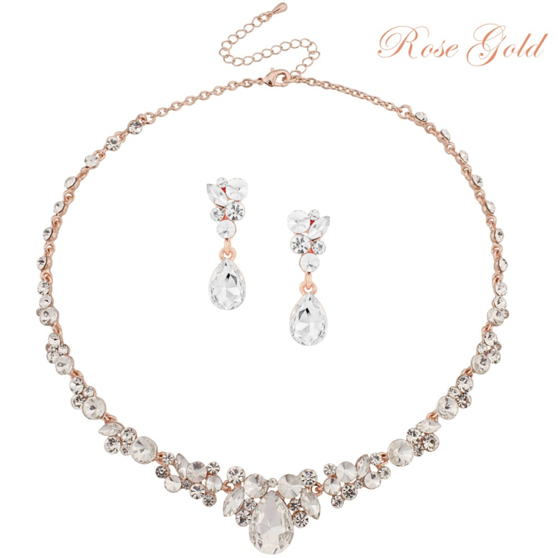 Crystal rose gold wedding necklace and earring set, bridal rose gold wedding jewellery, gold wedding jewellery, gold bridal jewellery set