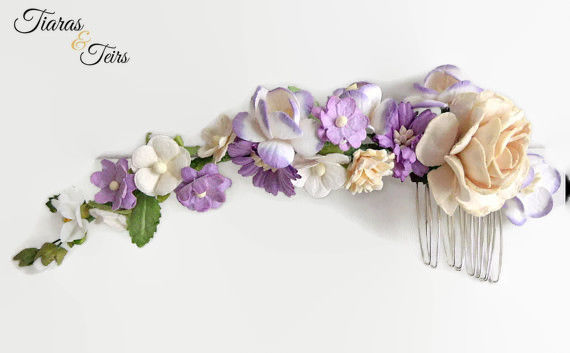 purple floral wedding hair comb