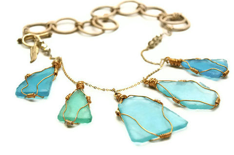 Blue,Sea,Glass,Gold,Wrapped,Necklace,Jewelry,Los_Angeles,Beach,Wire_wrapped,Beach_glass,Blue_glass,Light_blue,Rustic,Large_necklace,Original,Wire_wrapped_glass,california,Free_shipping,The_Artisan_Group,Bronze,Wire wrapped,Beach glass,Blue glass,22k gold,22k gold clasp,P